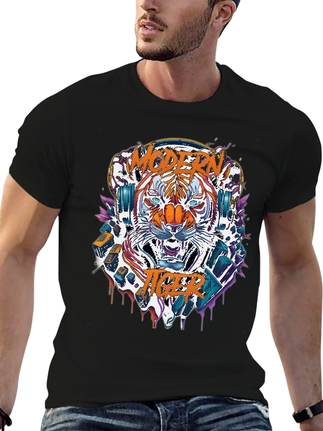 Black Modern Tiger Graphic Tee view 6