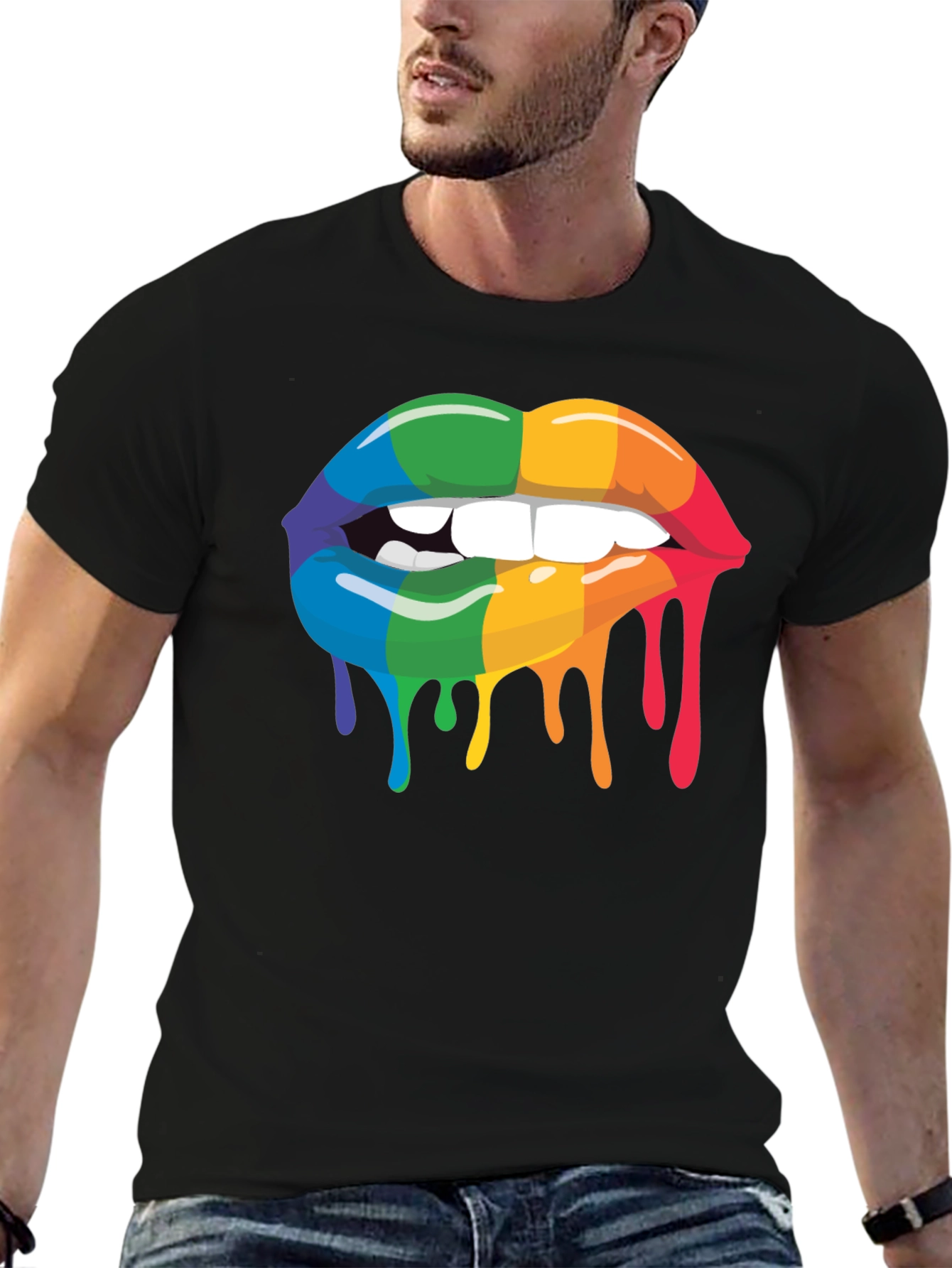 Black Rainbow Lips Graphic Tee - Black Cotton Blend view 6