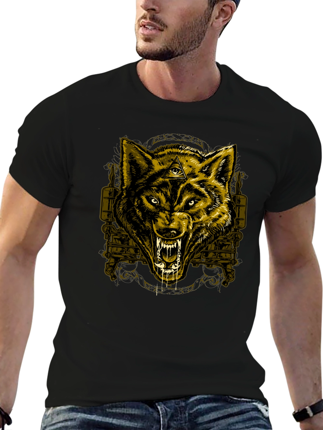 Black Wolf Graphic Print Crew Neck T-Shirt view 6