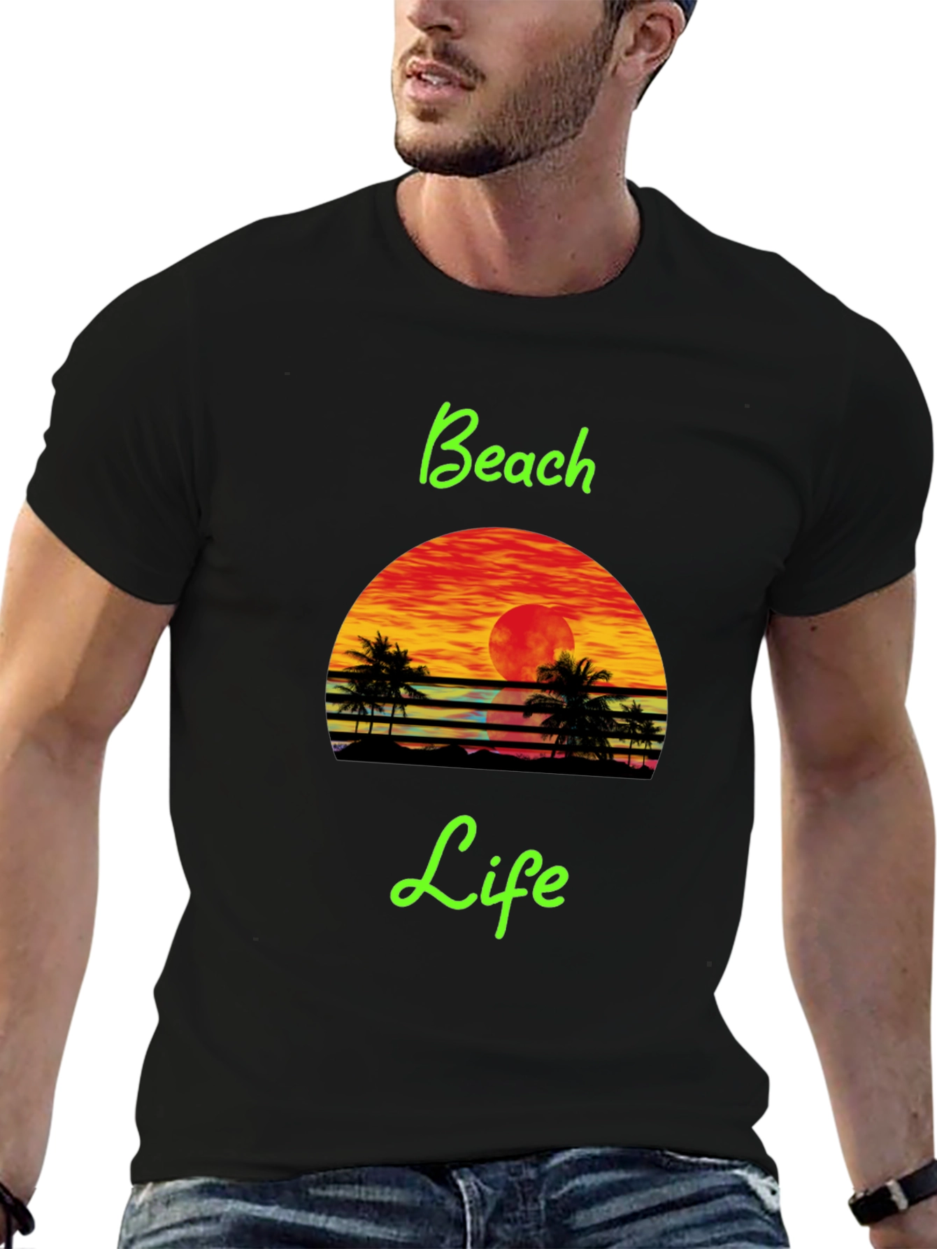 Black Beach Life Black T-Shirt Retro Sunset Palm Tree Design view 6