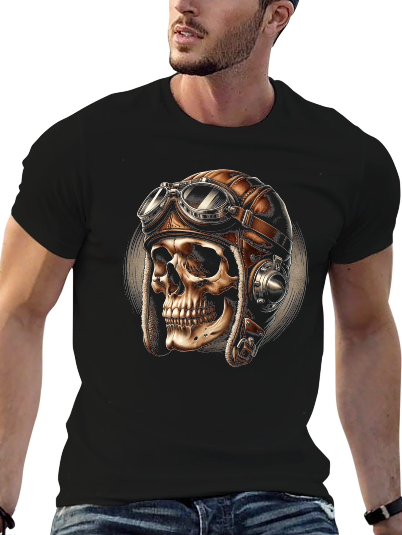 Black Skull Pilot T-Shirt - Vintage Aviator Design view 6