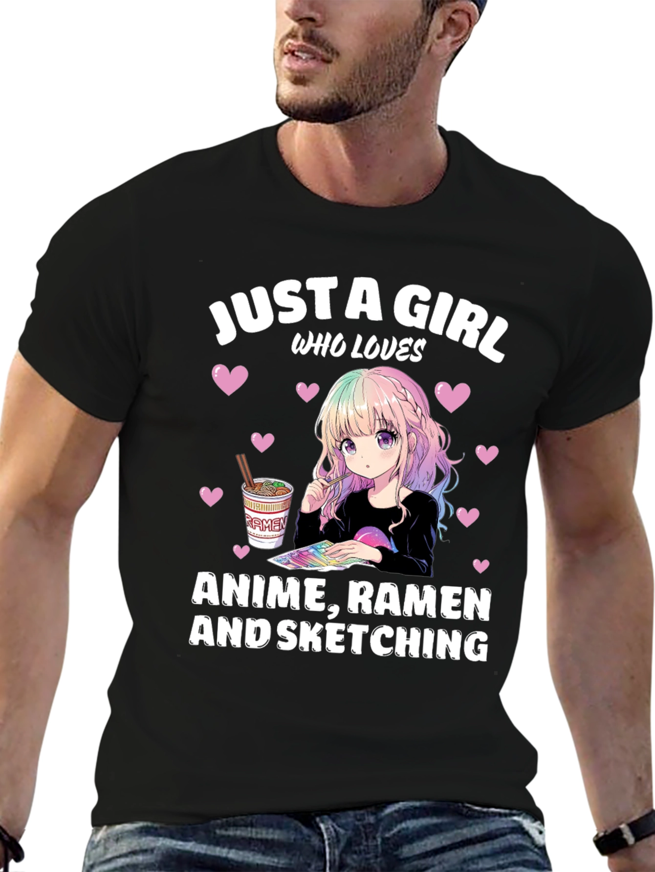 Black Anime Ramen Sketching Girl's T-Shirt view 6