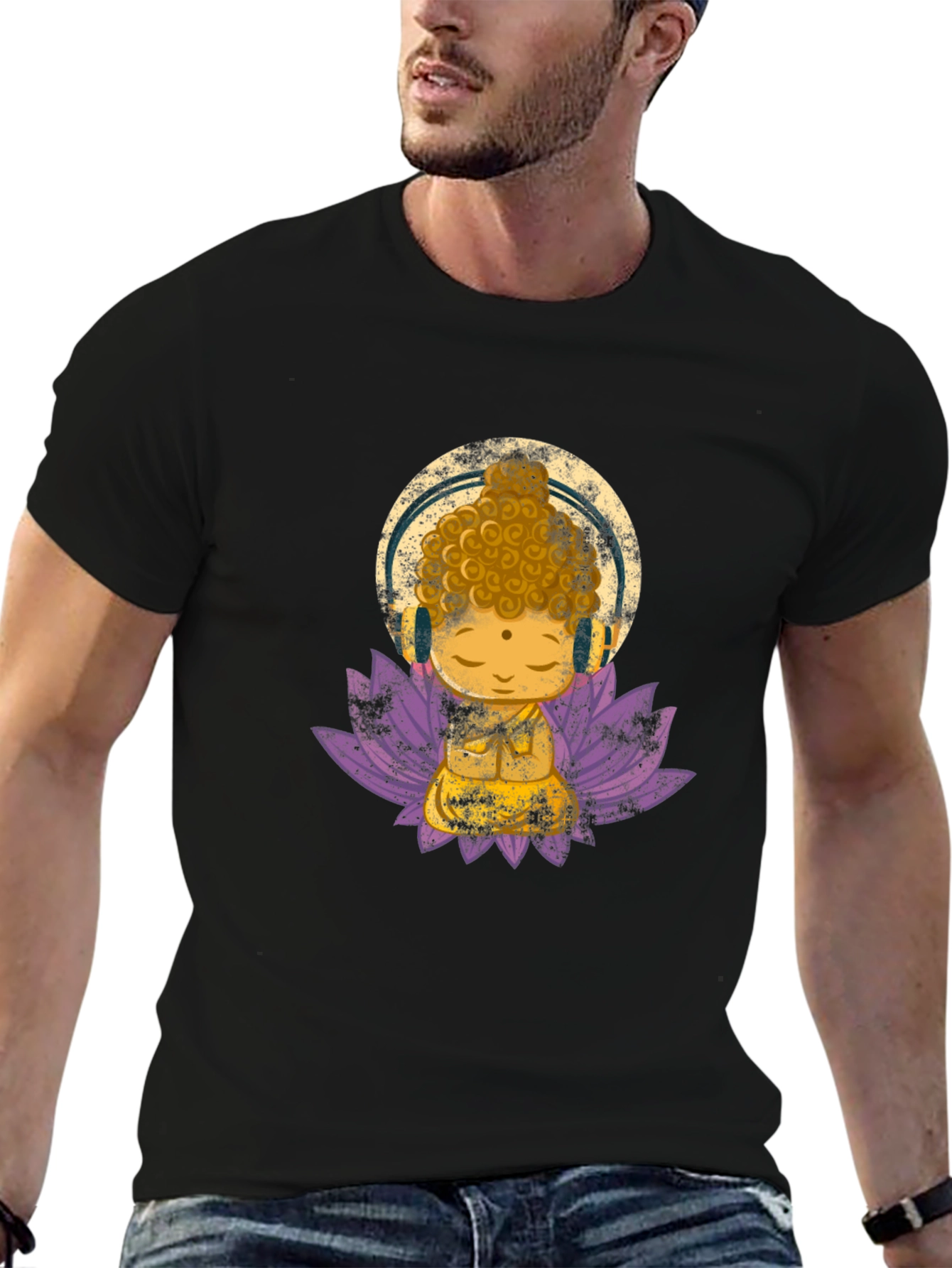 Black Buddha with Headphones Graphic Tee view 6