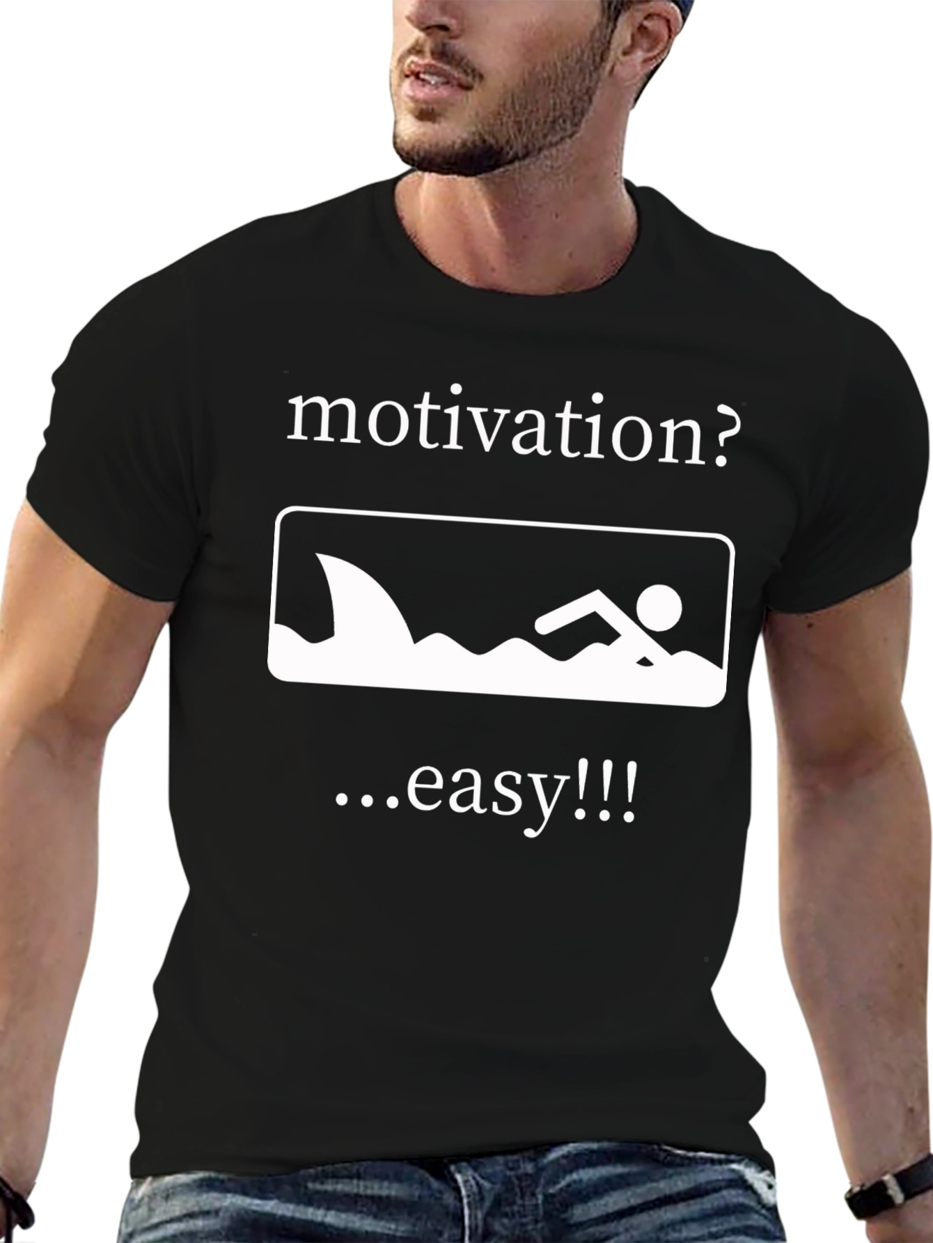 Black Motivation Shark Swimmer T-Shirt - Funny Graphic Tee view 6