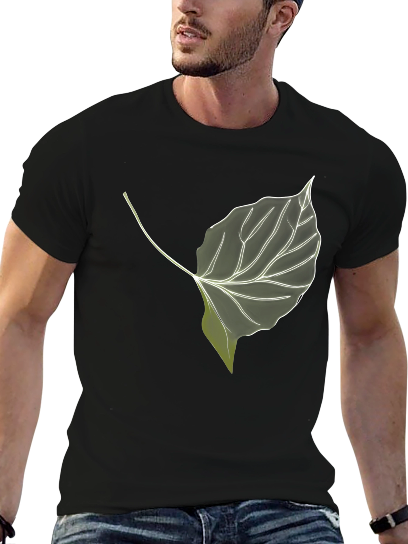 Black Leaf Print Black T-Shirt - Nature Inspired Style view 6