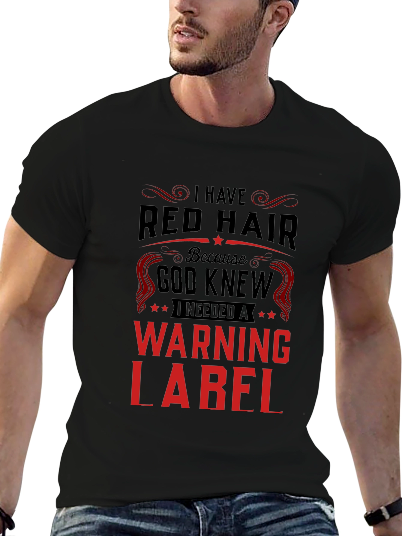 Black Red Hair Warning Label T-Shirt view 6