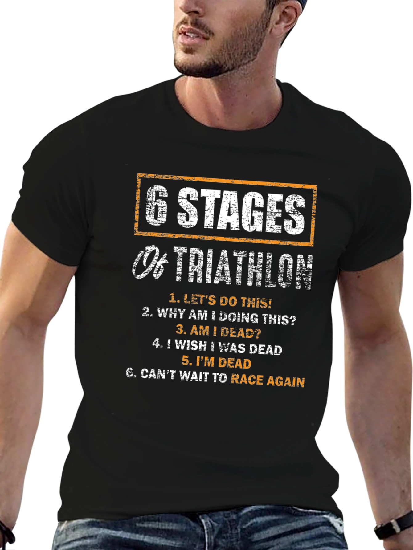 Black 6 Stages of Triathlon Funny T-Shirt view 6