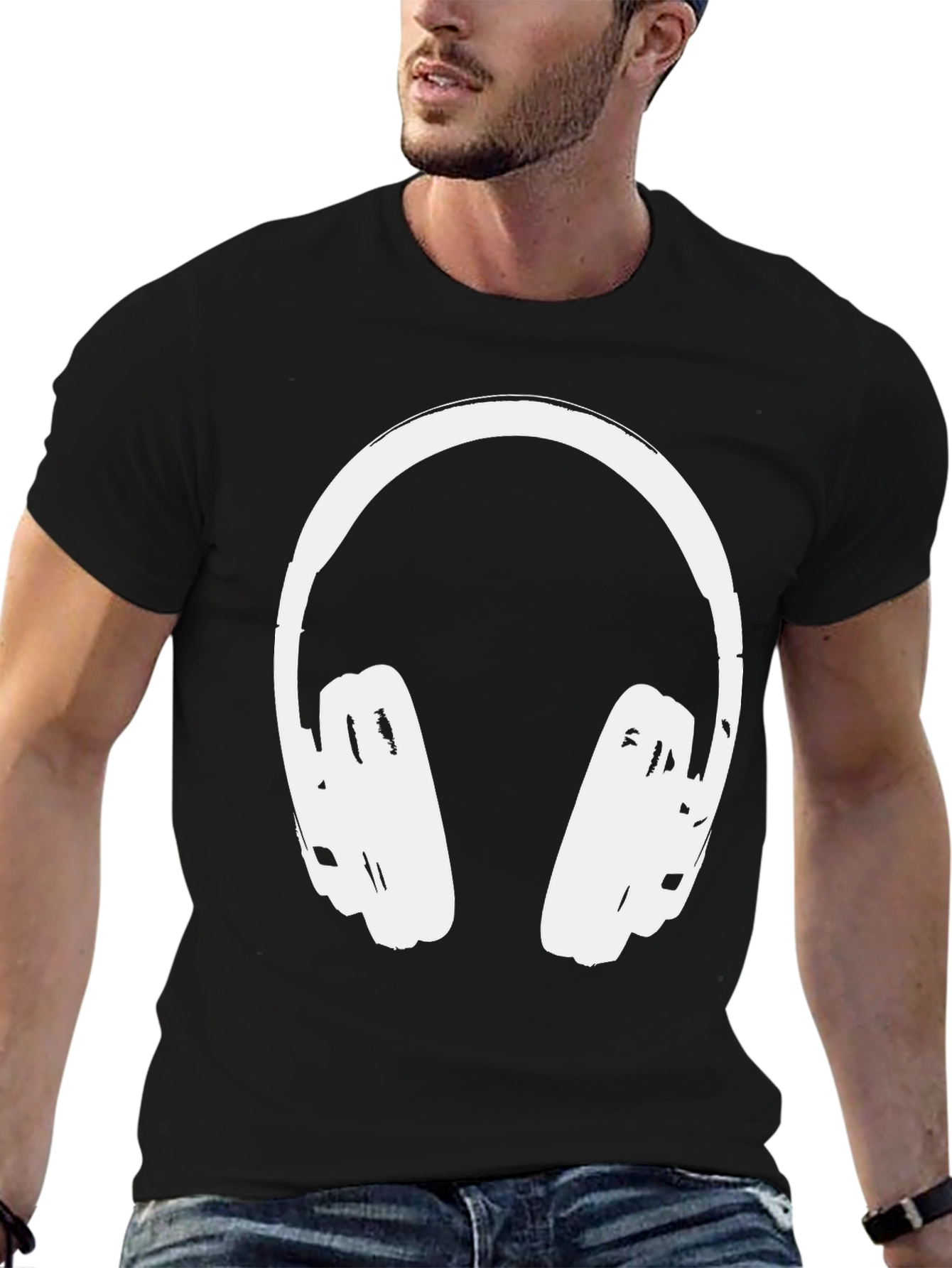 Black Cool Headphones Graphic Tee - Black Casual Shirt view 6