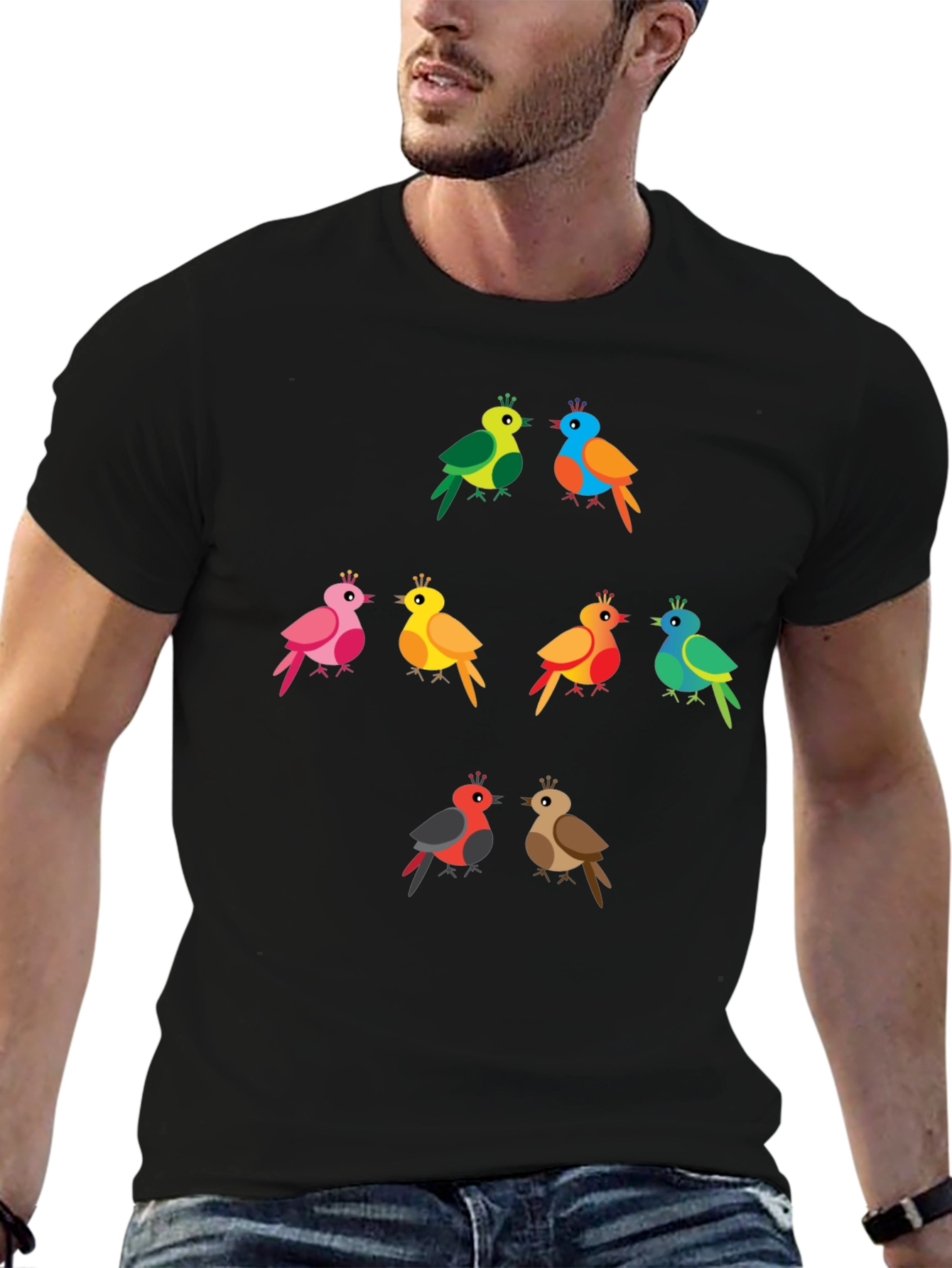 Black Colorful Birds Graphic Tee - Fun & Unique Design view 6