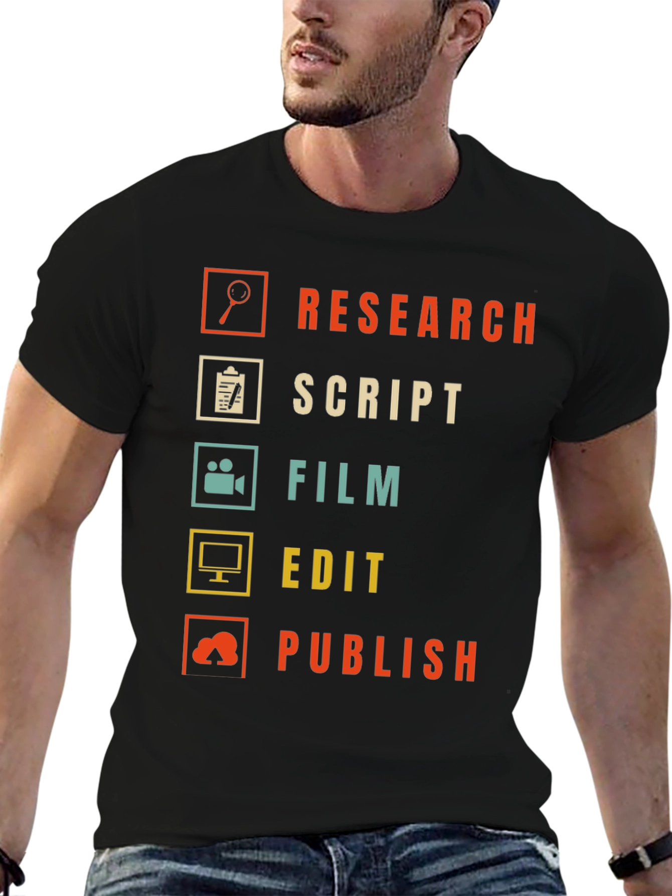 Black Film Crew Process T-Shirt - Research, Script, Film, Edit, Publish view 6