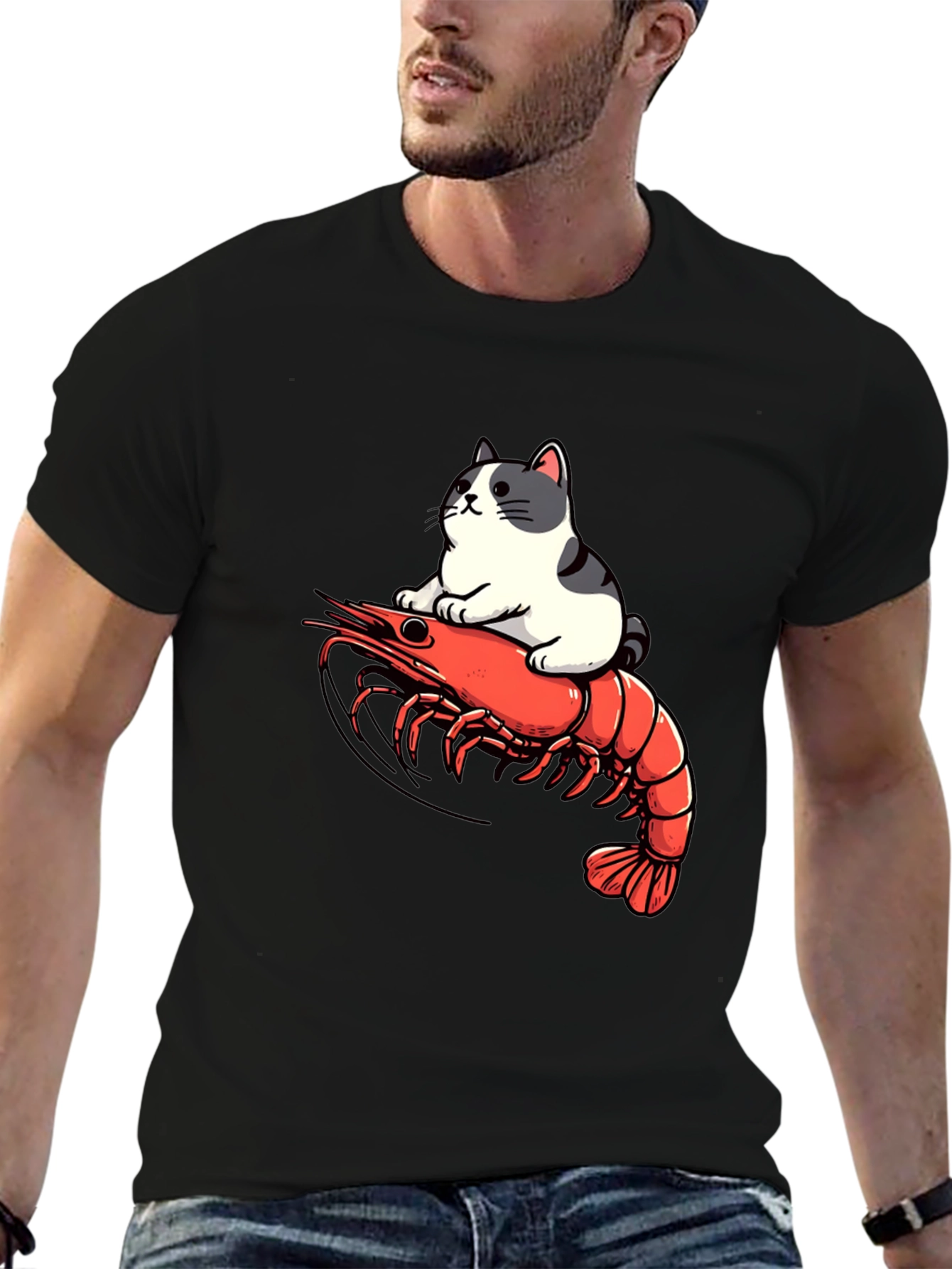 Black Cat Riding Shrimp T-Shirt - Funny Graphic Tee view 6