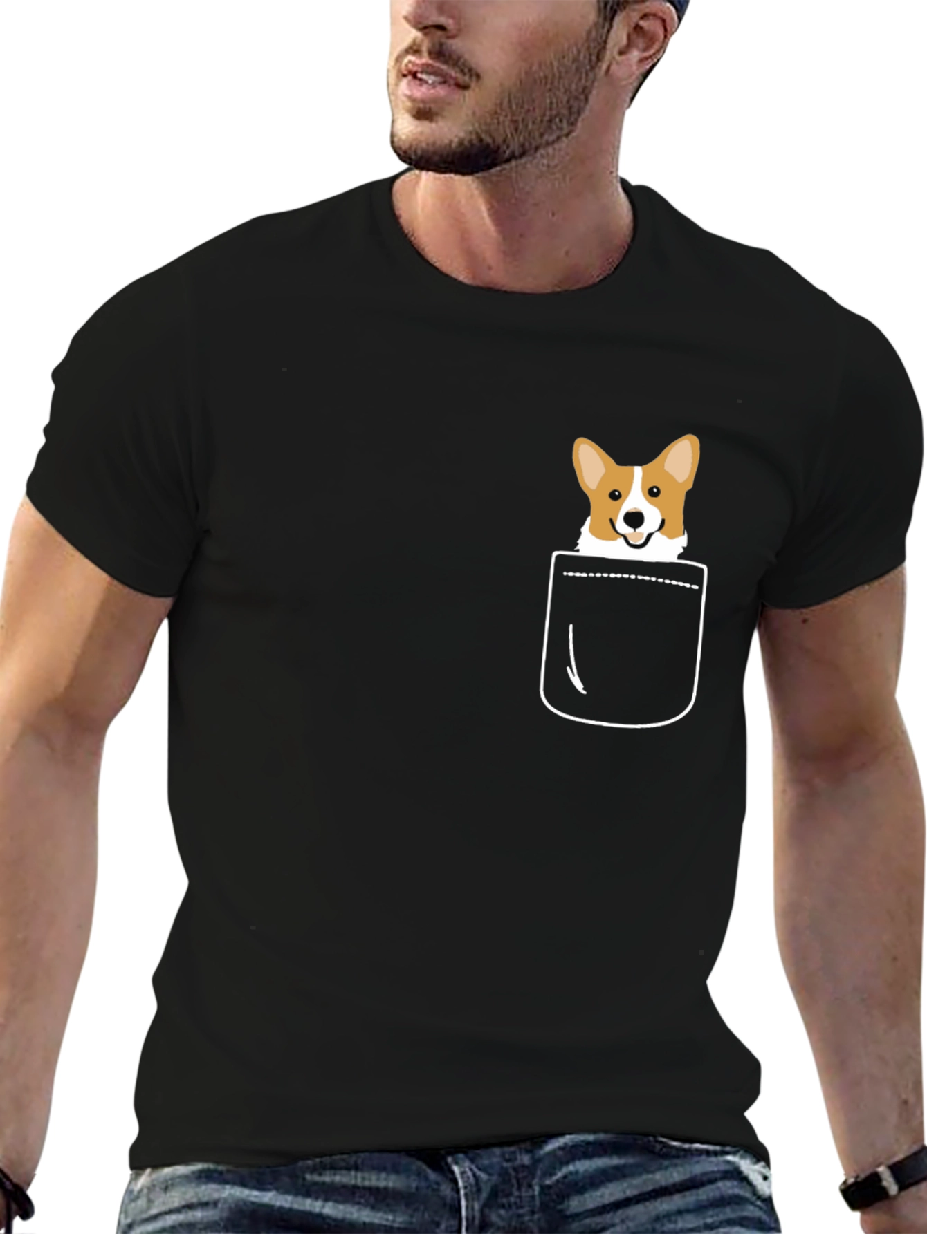 Black Corgi Pocket T-Shirt - Cute Dog Graphic Tee view 6