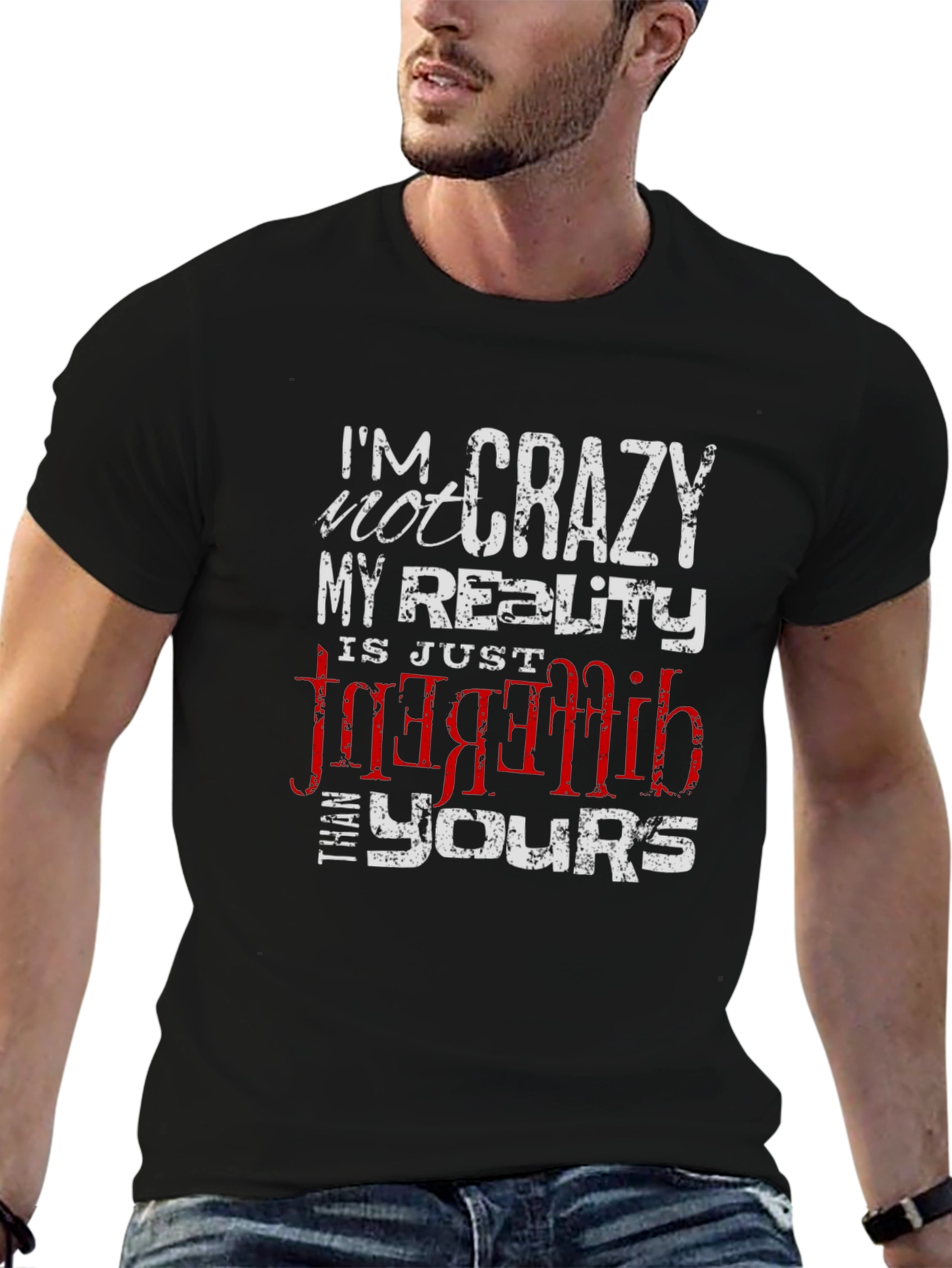 Black Crazy Reality Graphic Tee - Black Cotton Blend T-Shirt view 6