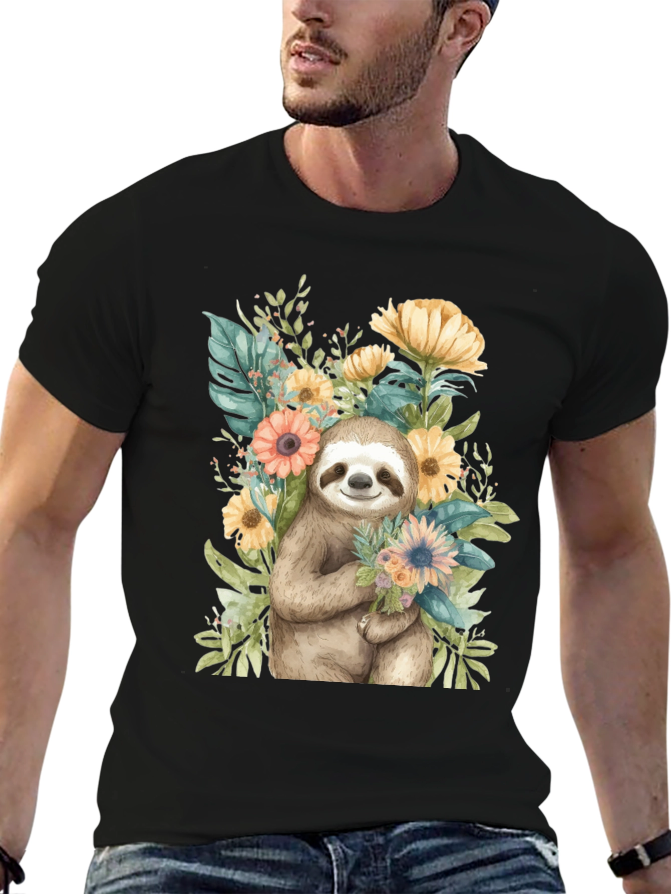 Black Sloth & Floral Graphic Tee view 6