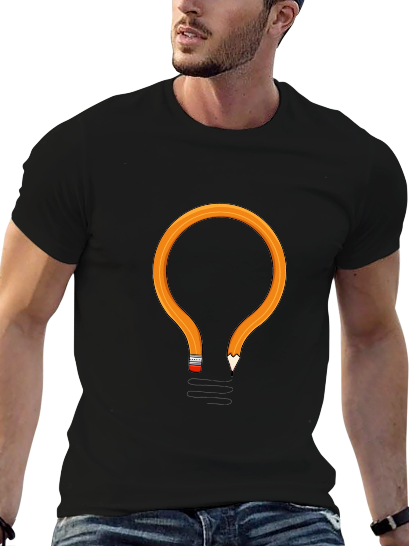 Black Pencil Lightbulb Graphic Tee - Black Cotton T-Shirt view 6