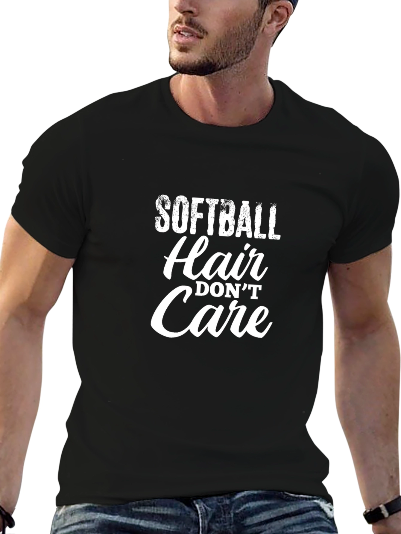 Black Softball Hair Don't Care T-Shirt view 6