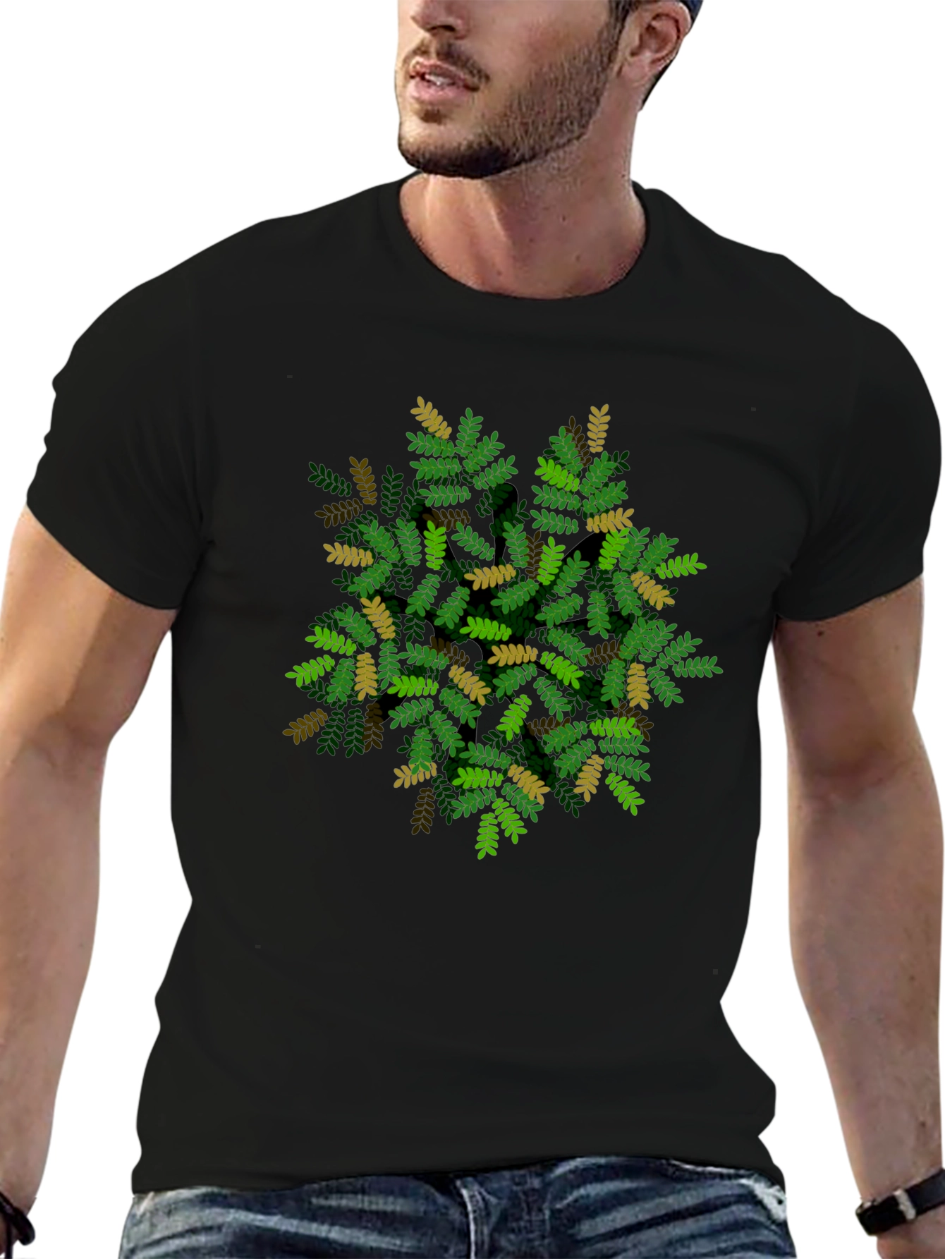 Black Leaf Pattern Black T-Shirt - Nature Inspired Design view 6