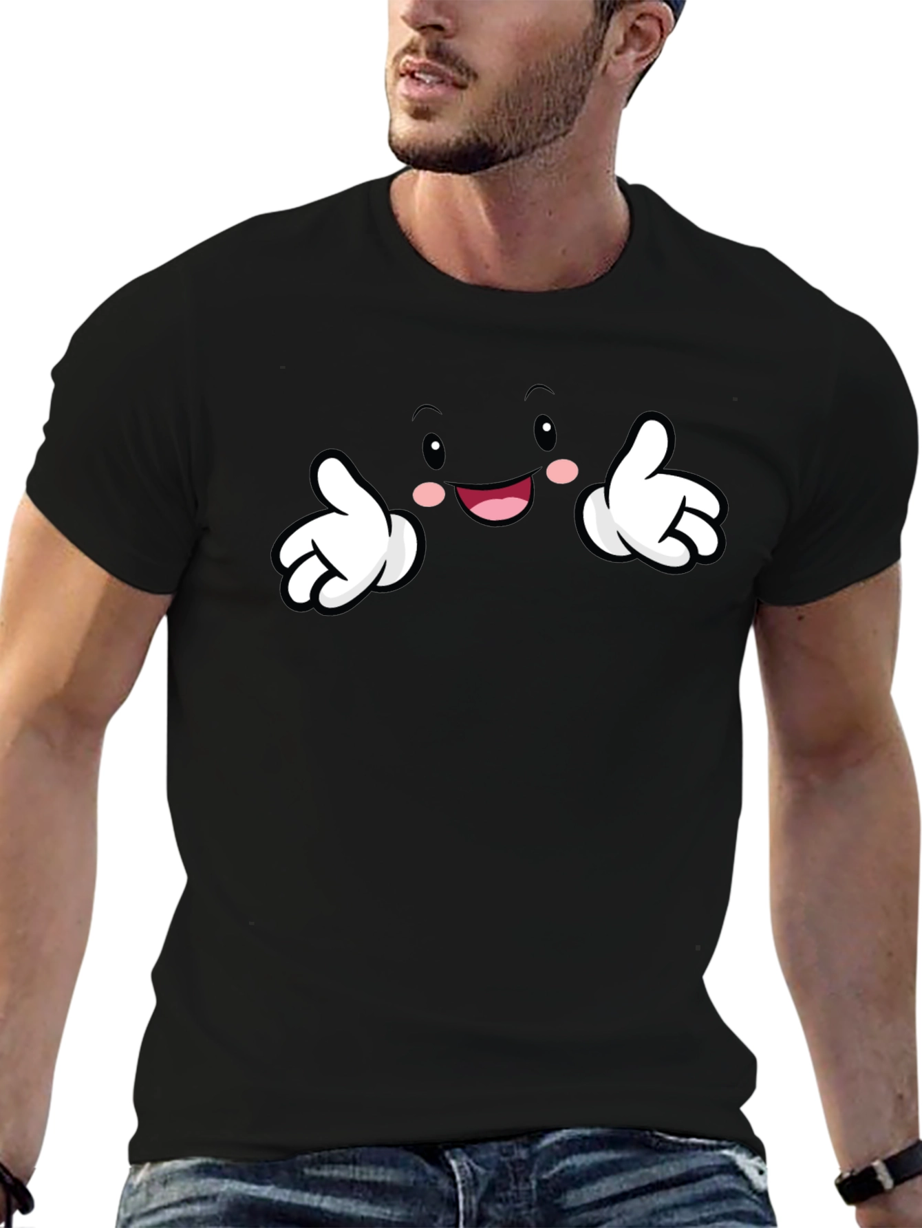 Black Funny Cartoon Face Black T-Shirt view 6