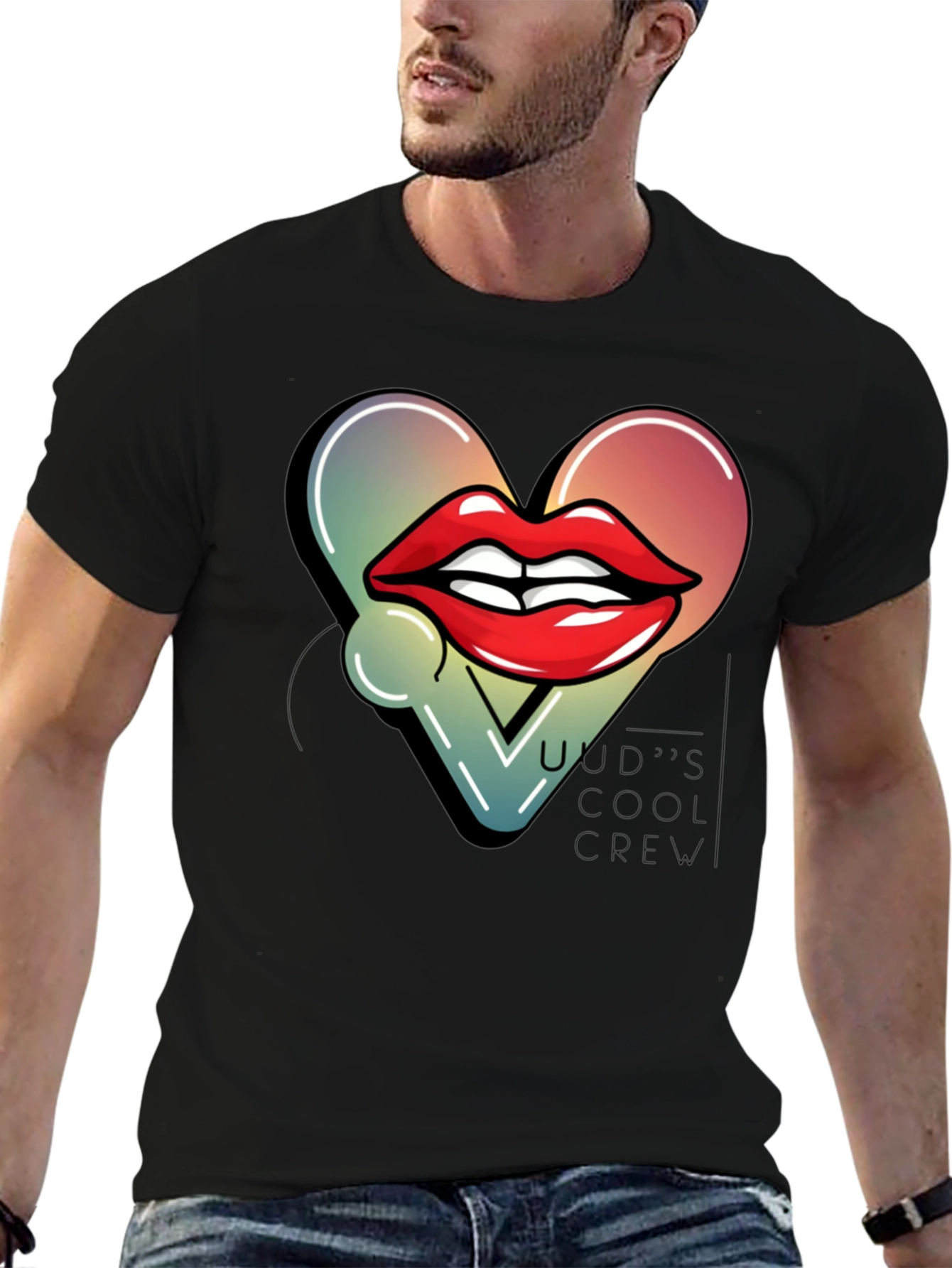 Black Trendy Lips Heart Graphic Black T-Shirt view 6