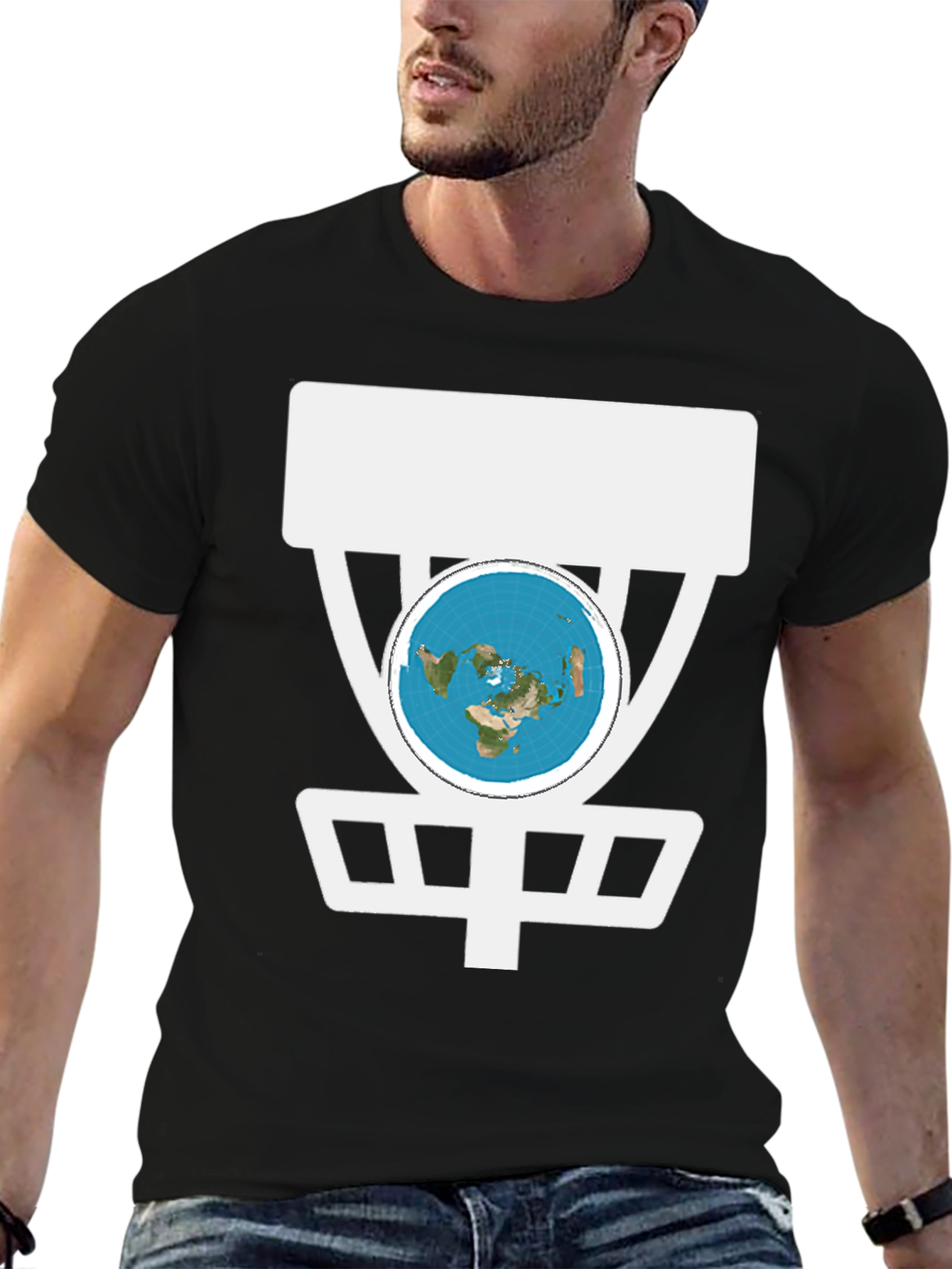 Black Flat Earth Disc Golf T-Shirt Funny Conspiracy Tee view 6