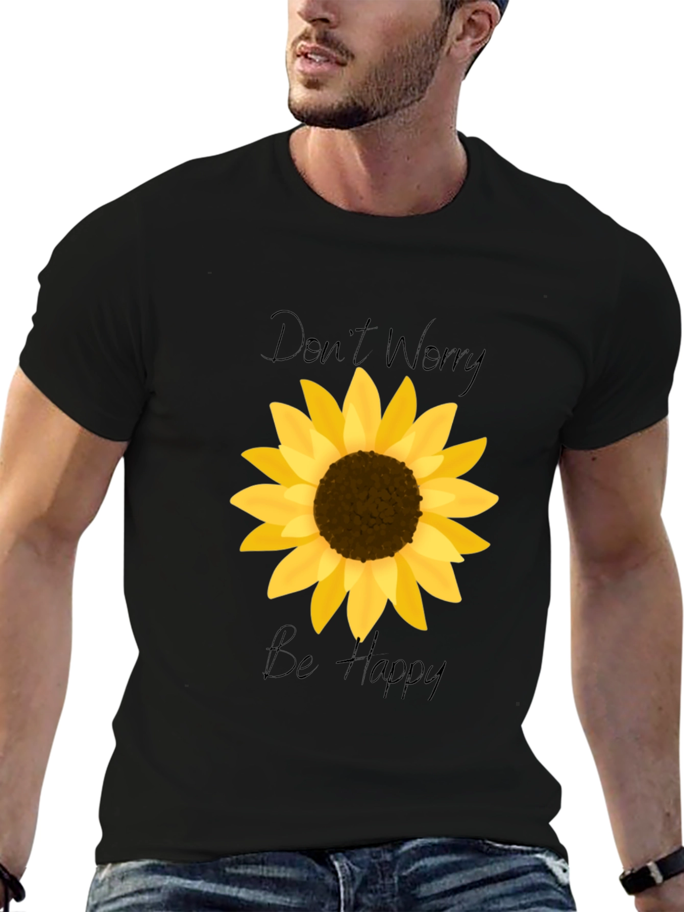 Black Don't Worry Be Happy Sunflower Graphic Tee view 6