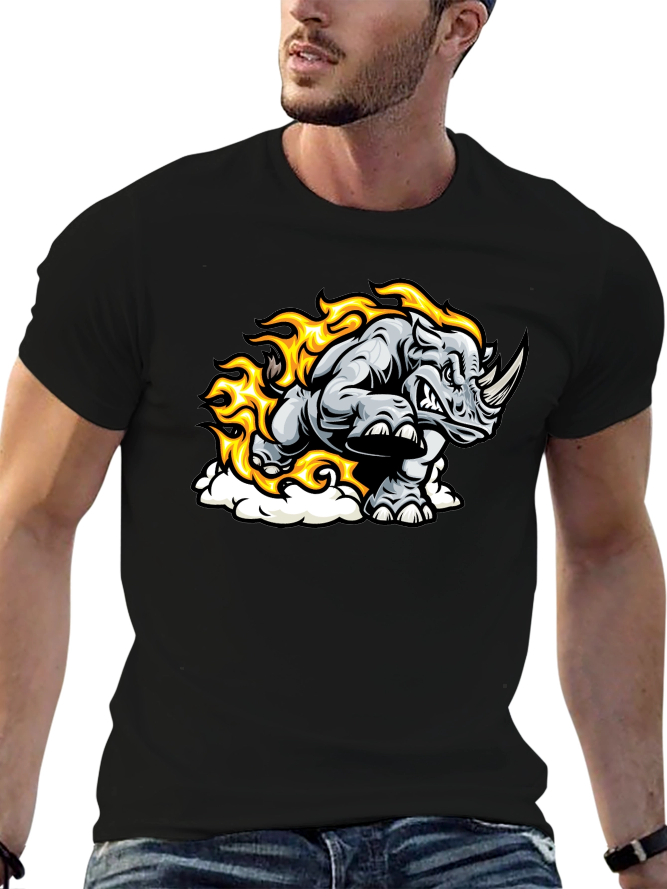 Black Fiery Rhino Graphic T-Shirt - Black Cotton Tee view 6