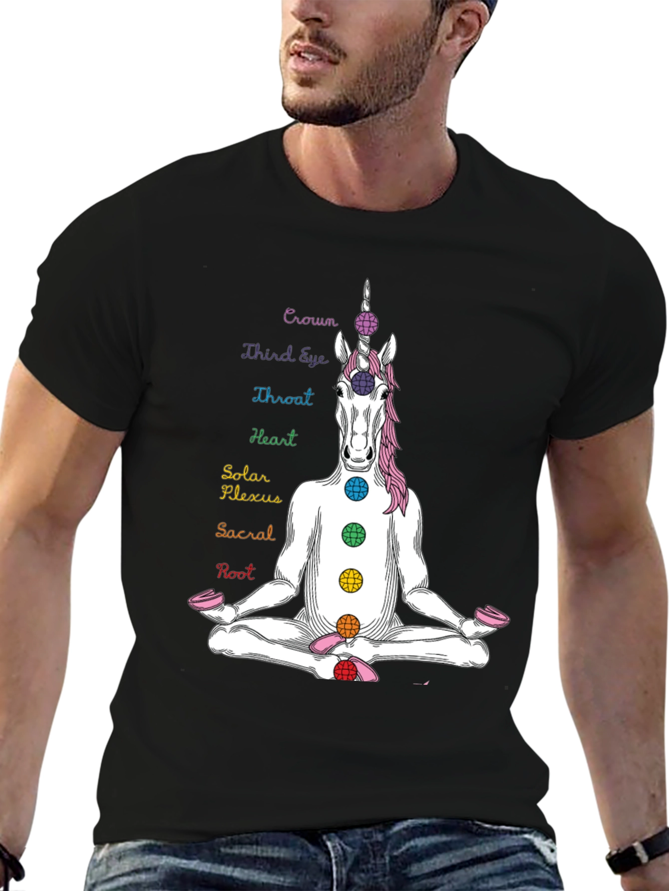 Black Unicorn Chakra T-Shirt - Meditating Yoga Design view 6