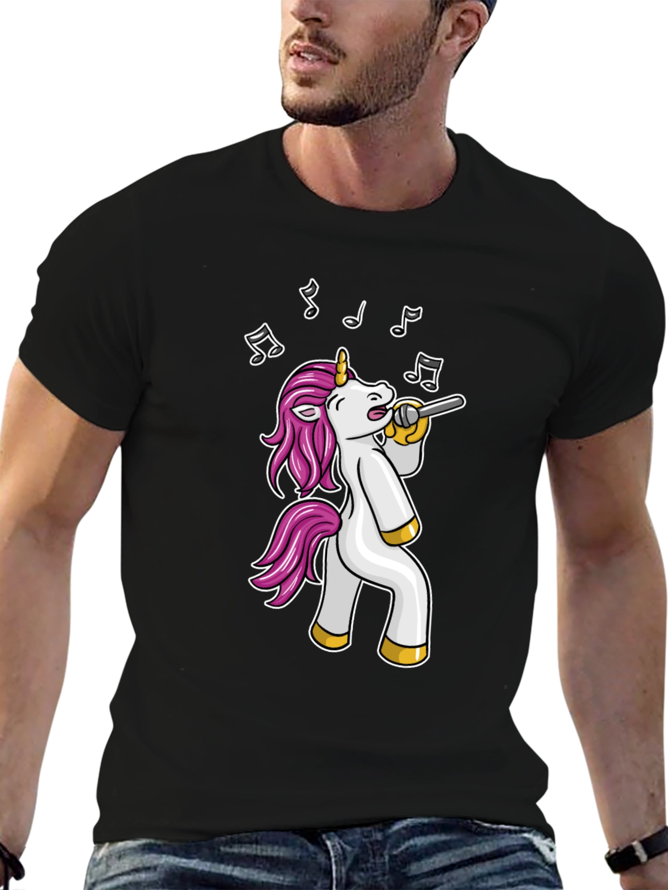 Black Singing Unicorn Black T-Shirt - Cartoon Animal Tee view 6