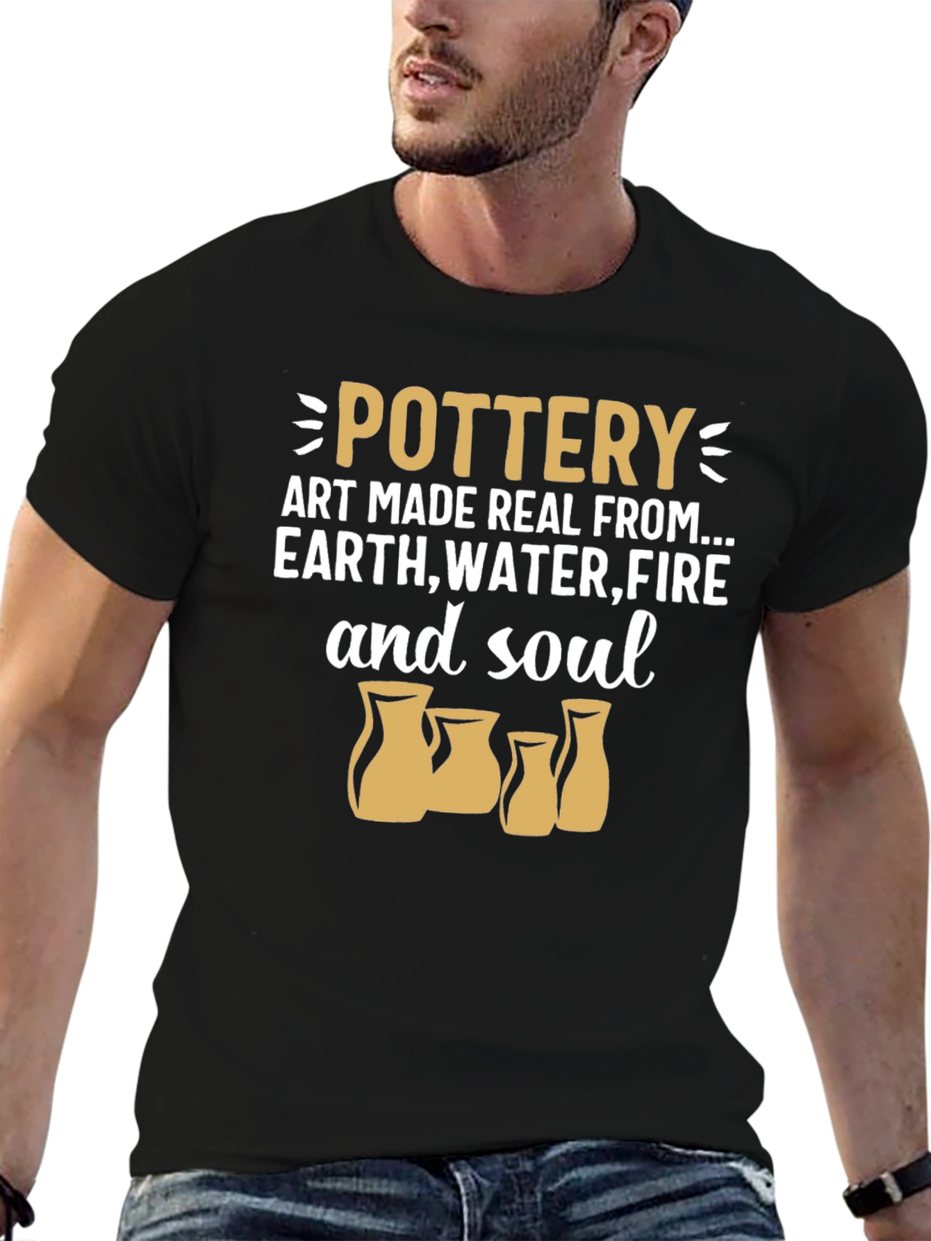 Black Pottery Art T-Shirt: Earth, Water, Fire & Soul view 6