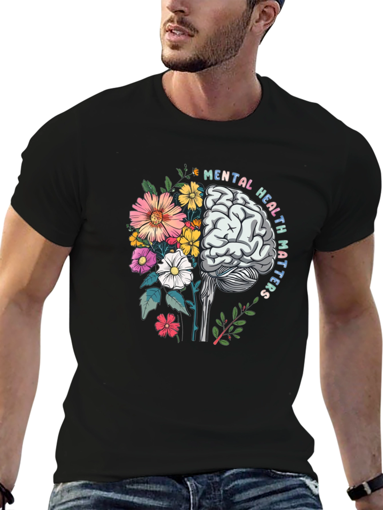 Black Mental Health Matters T-Shirt Brain Flowers Graphic view 6