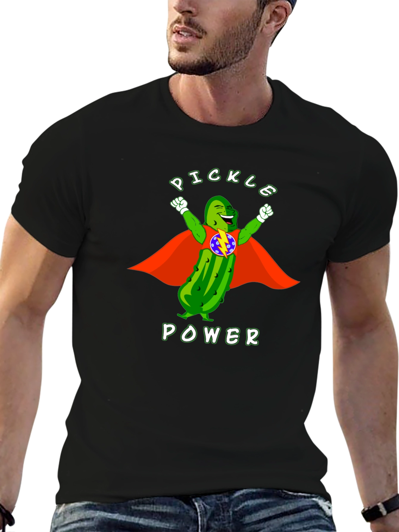 Black Pickle Power T-Shirt: Superhero Dill Graphic Tee view 6