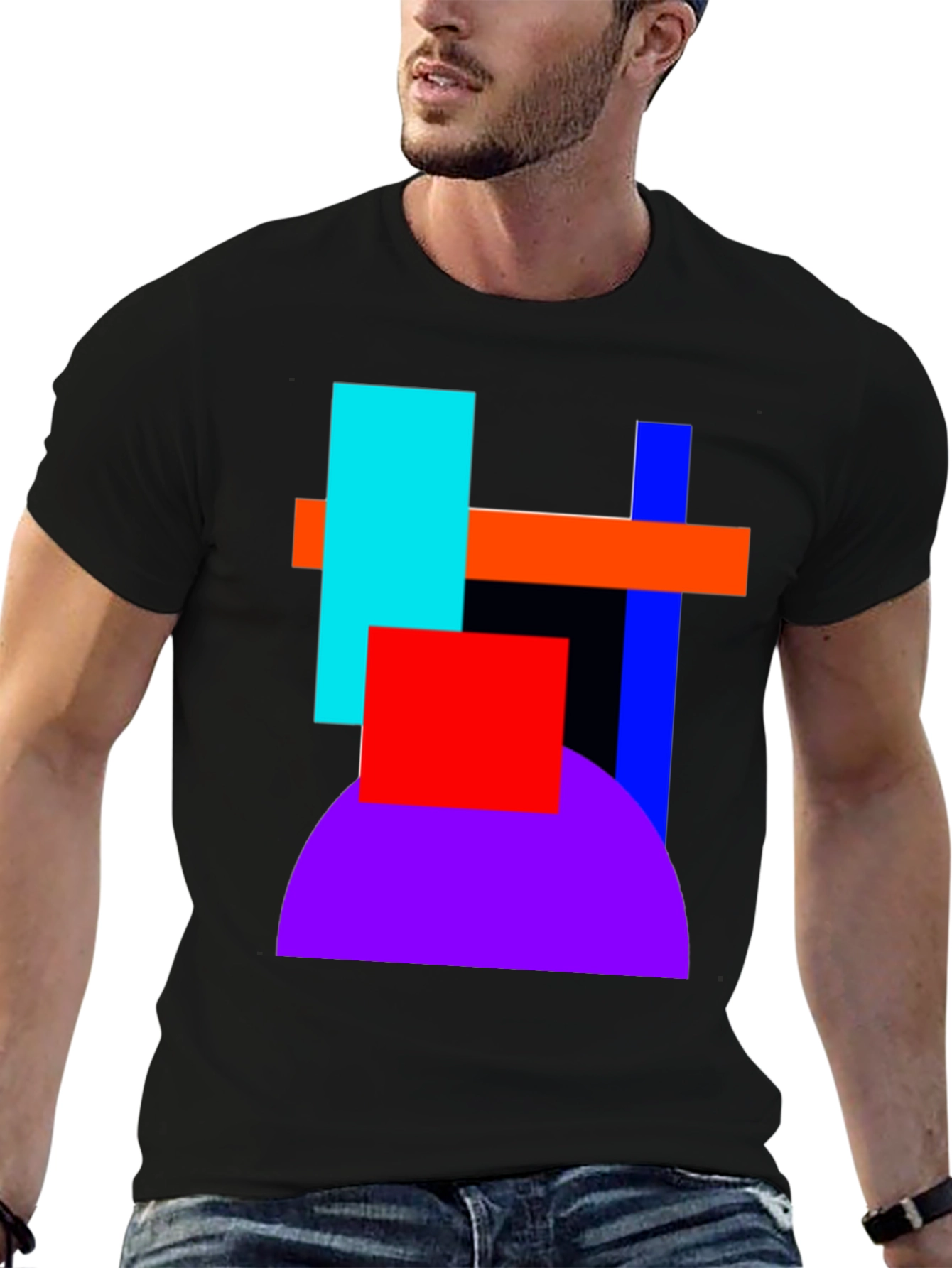 Black Abstract Geometric T-Shirt - Bold Color Block Design view 6