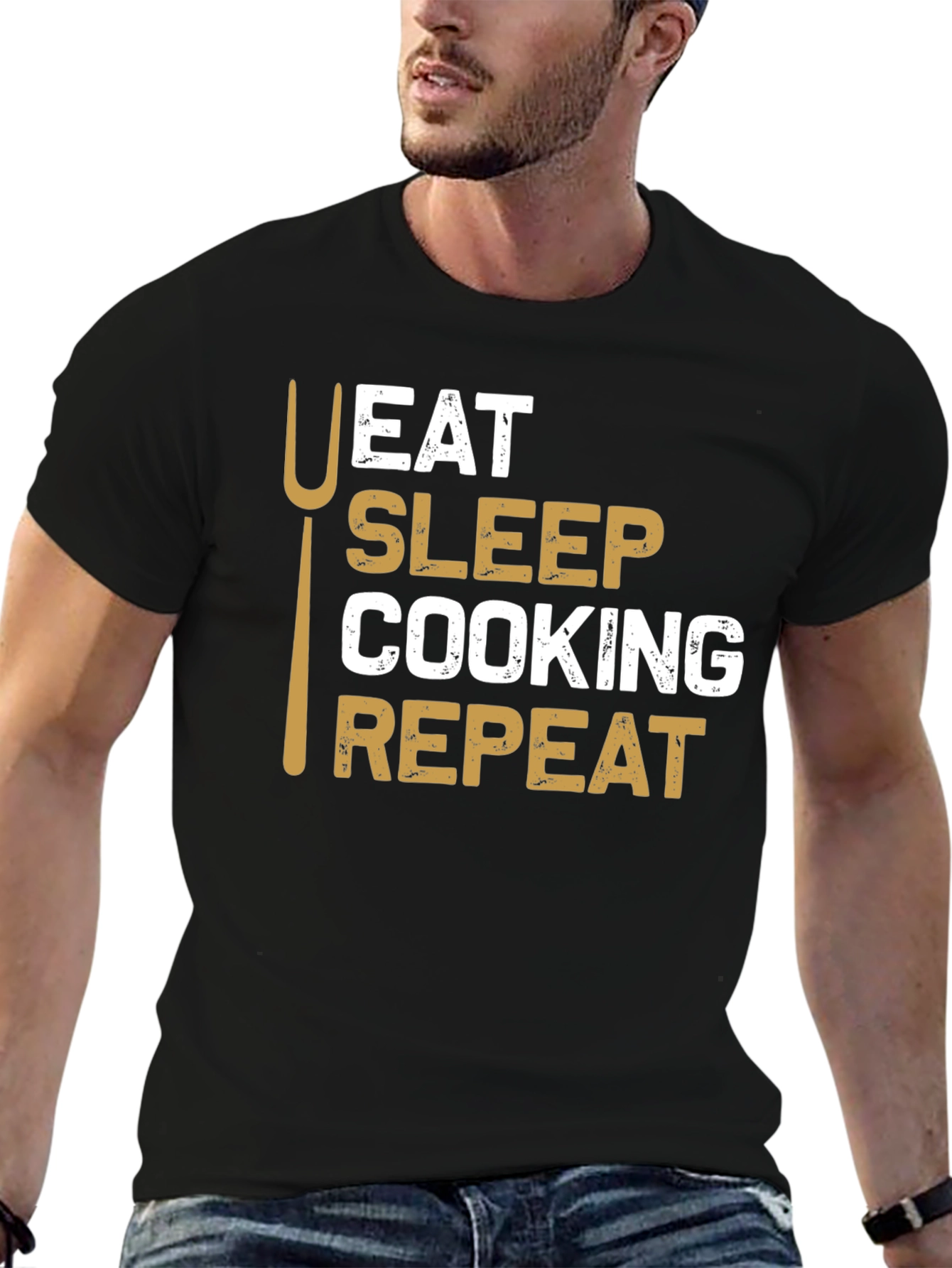 Black Eat Sleep Cooking Repeat T-Shirt - Chef Gift view 6