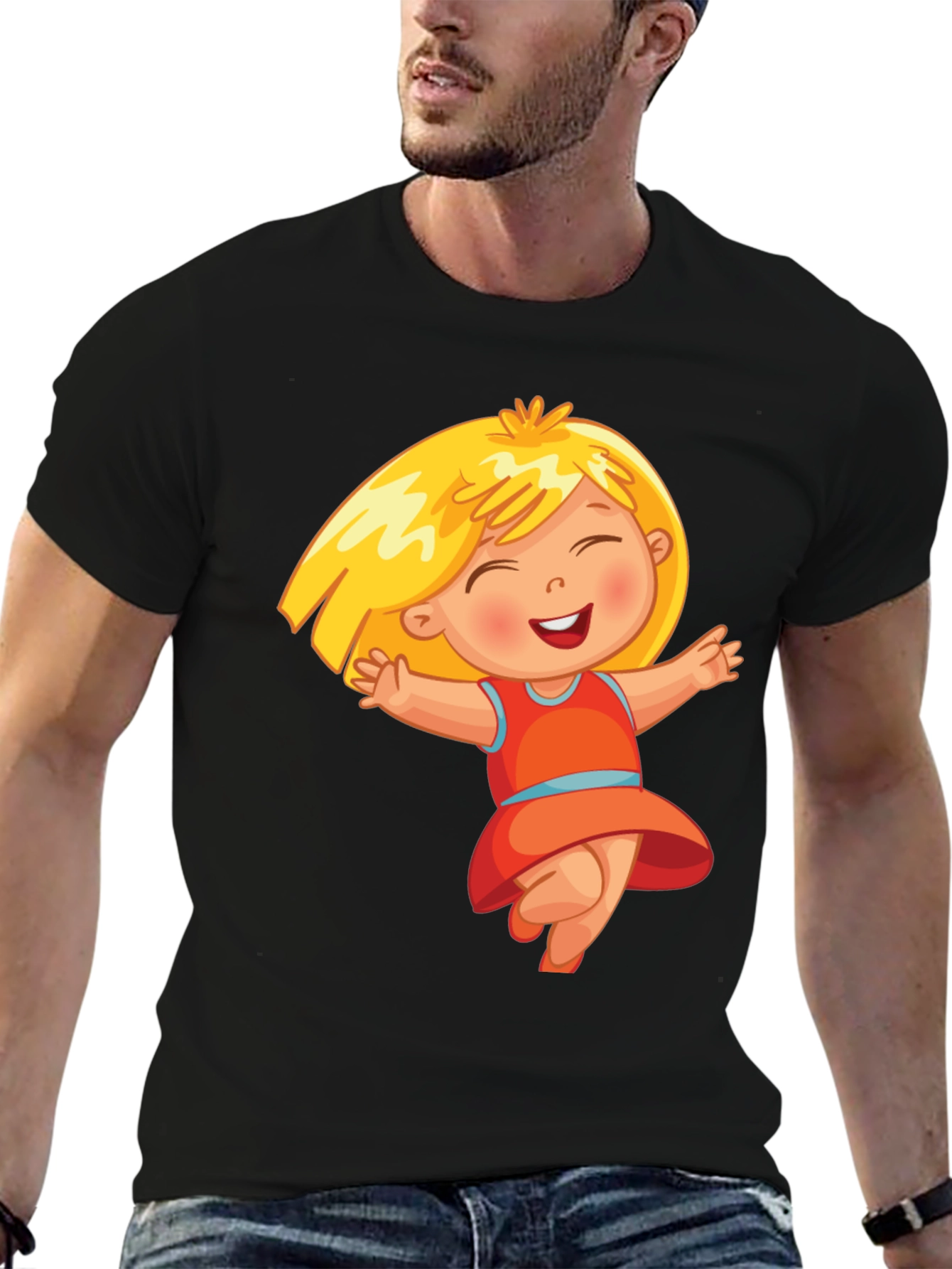 Black Cute Cartoon Girl Black T-Shirt view 6
