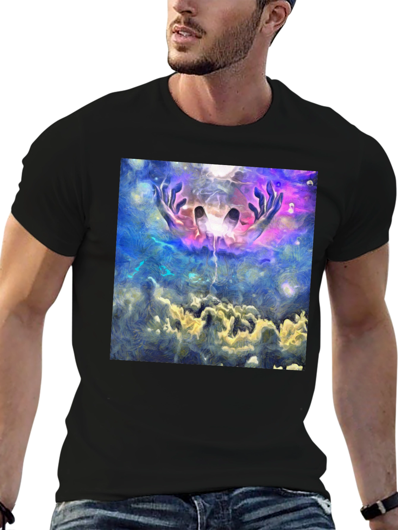 Abstract Hands in Sky Graphic Black T-Shirt - 6