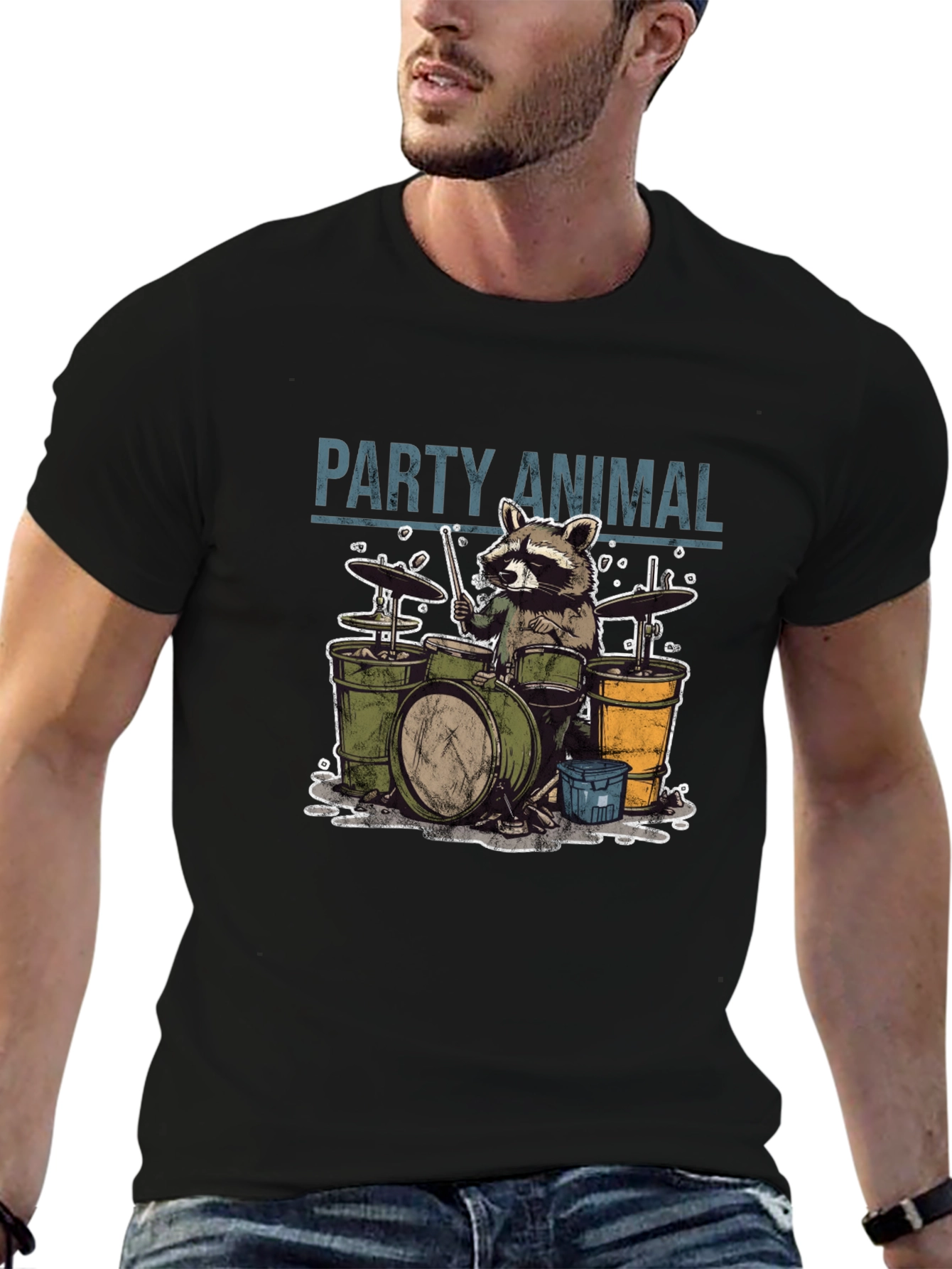 Black Party Animal Raccoon Drummer Graphic T-Shirt view 6