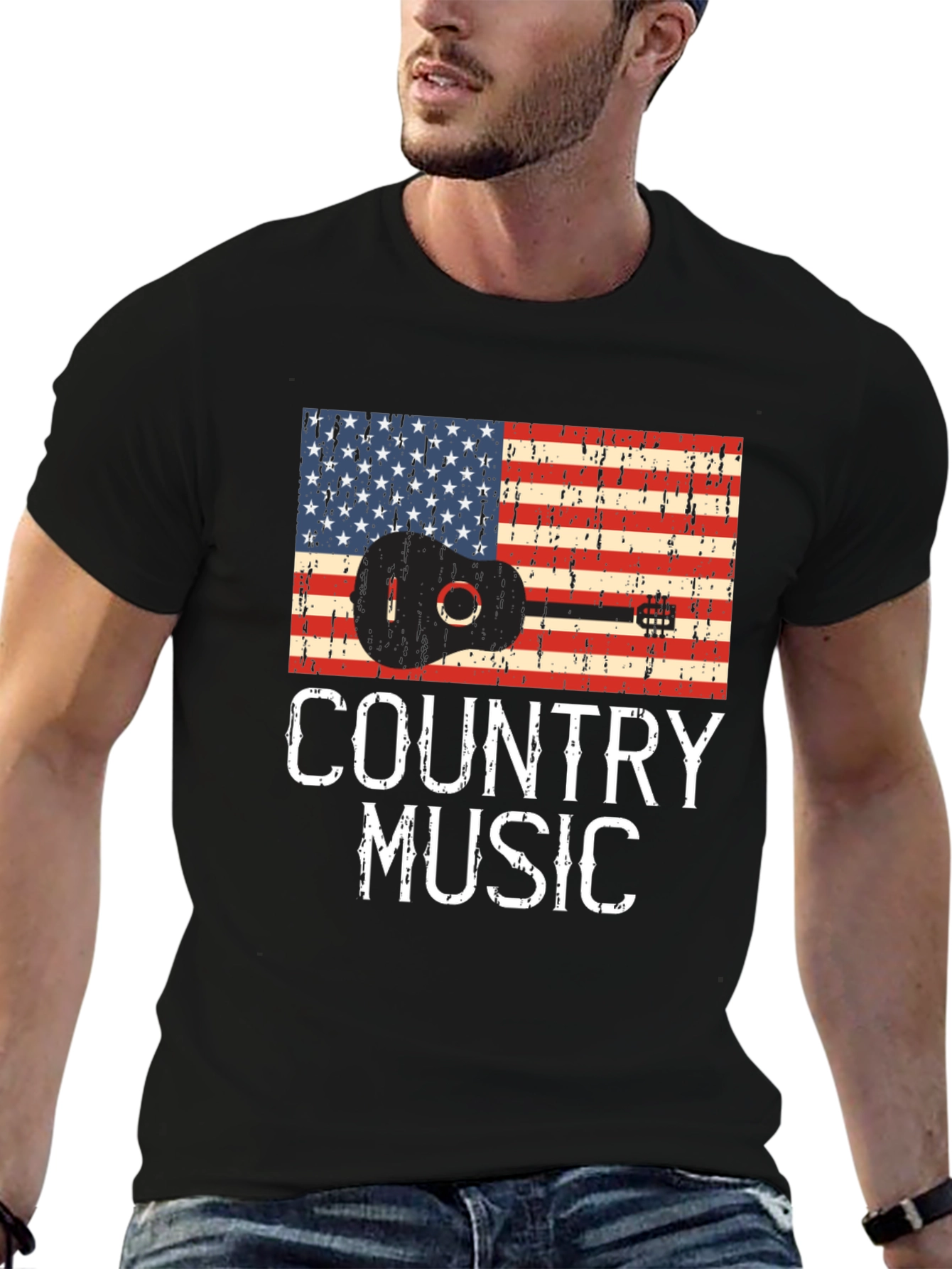 Black Country Music Guitar American Flag T-Shirt view 6