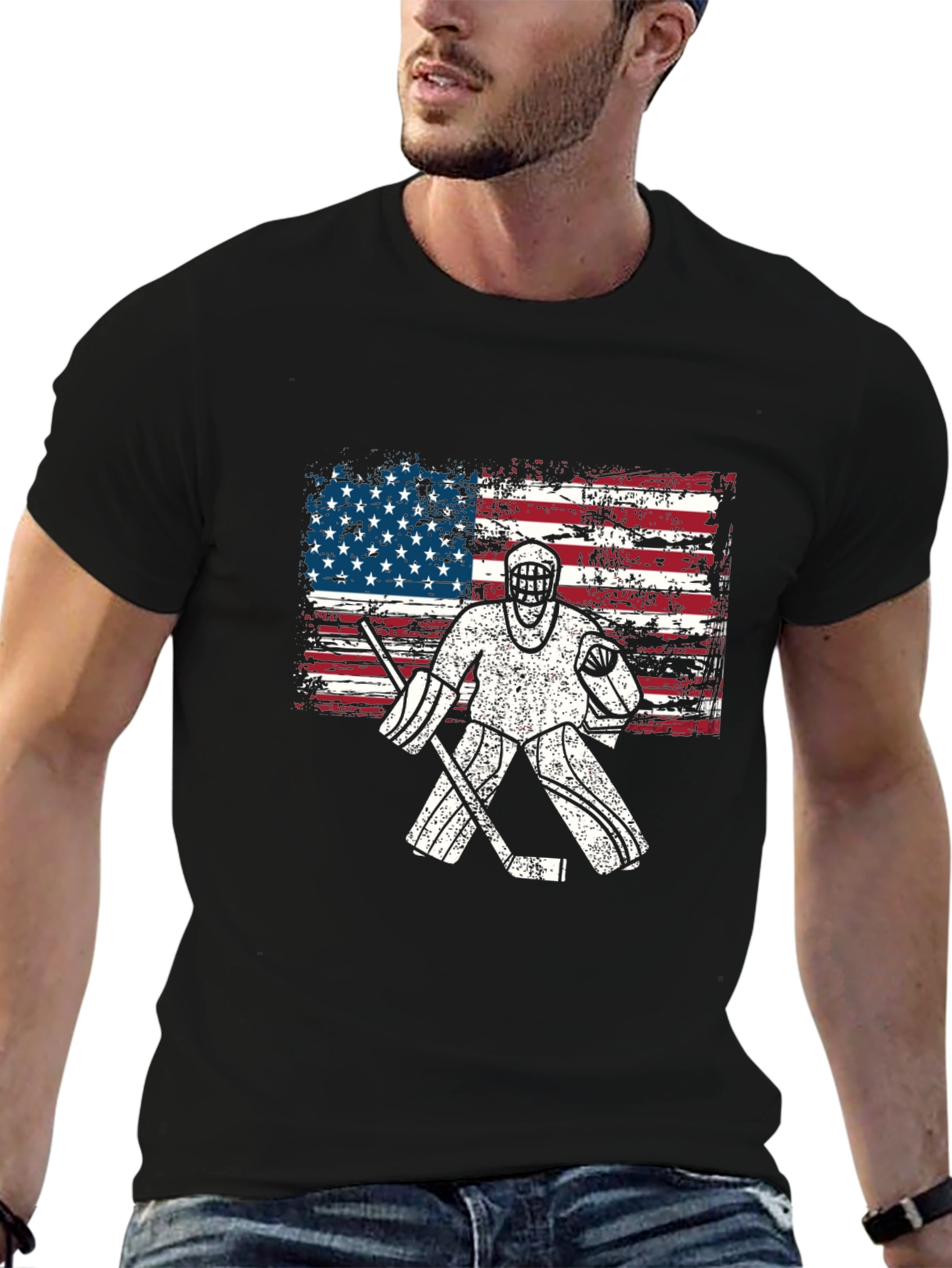 Black USA Hockey Goalie T-Shirt - Patriotic American Flag Design view 6