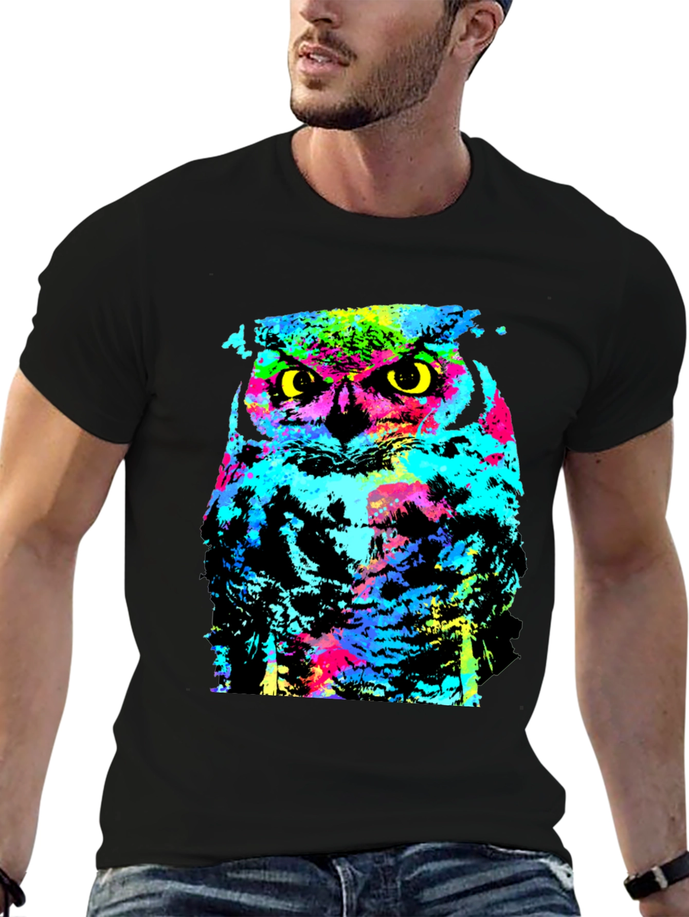 Black Colorful Owl Graphic Print Black T-Shirt view 6