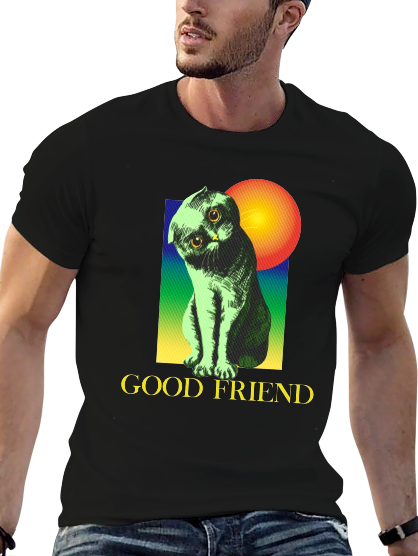 Black Good Friend Cat Graphic Tee - Unisex Soft Cotton Shirt view 6