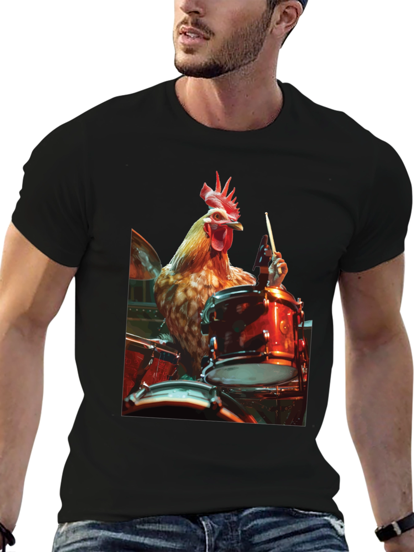 Black Chicken Drummer T-Shirt - Black Graphic Tee view 6