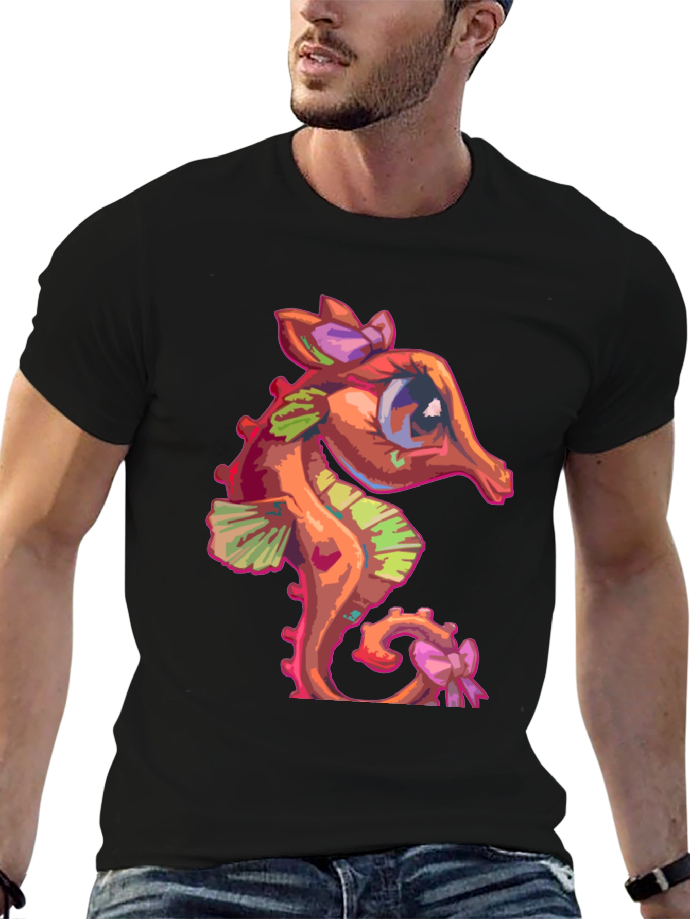 Black Seahorse Graphic Tee - Cute Cartoon Style view 6