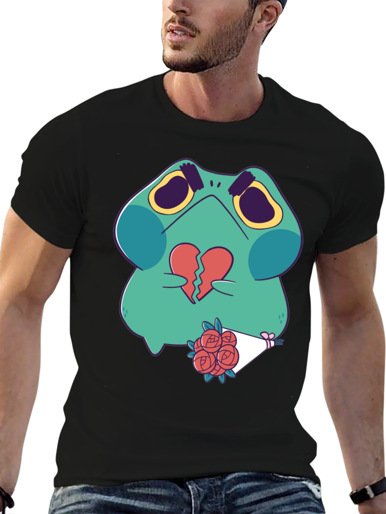 Black Sad Frog with Broken Heart Graphic T-Shirt view 6