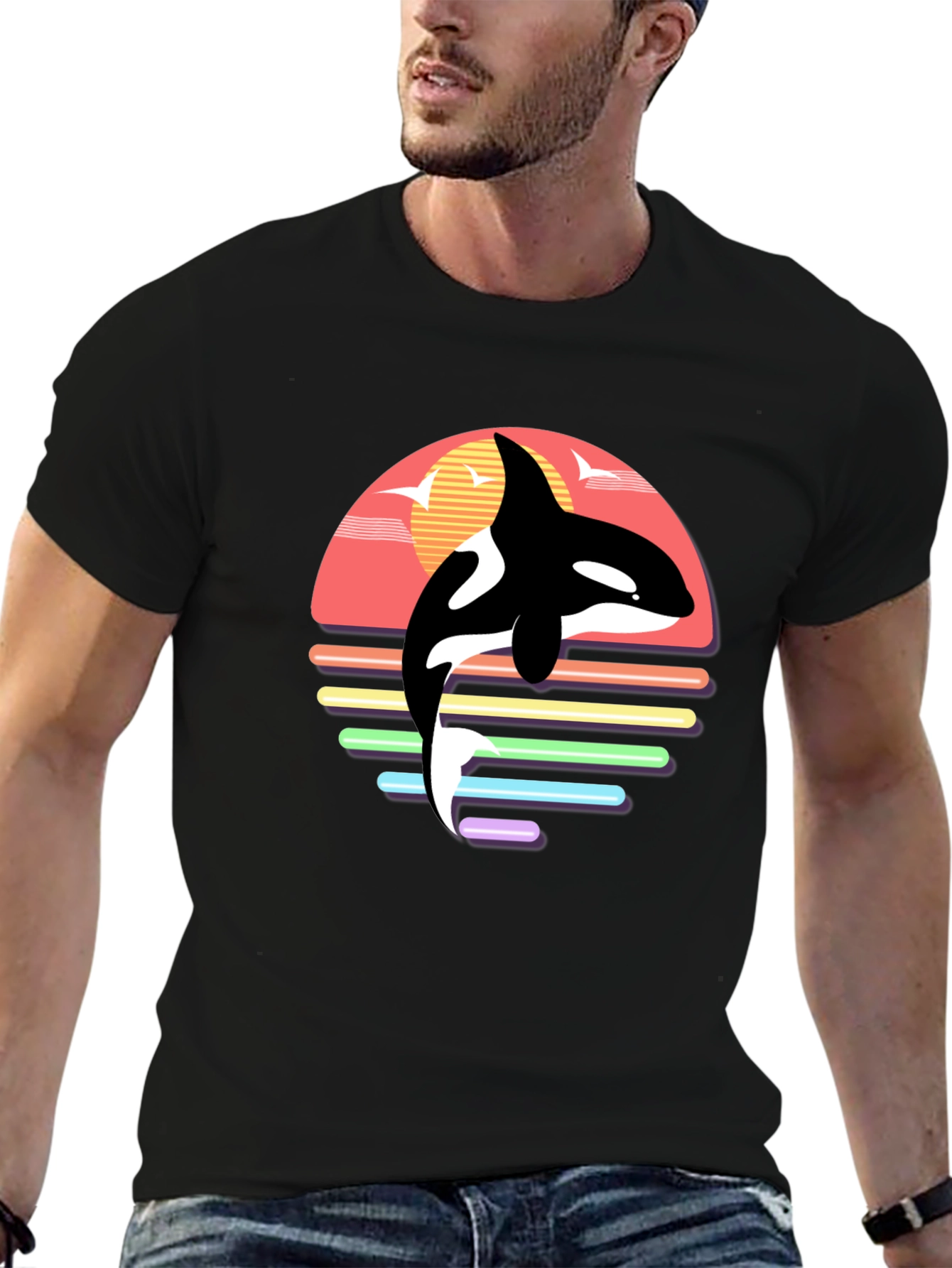 Black Retro Orca Whale Sunset Graphic T-Shirt view 6