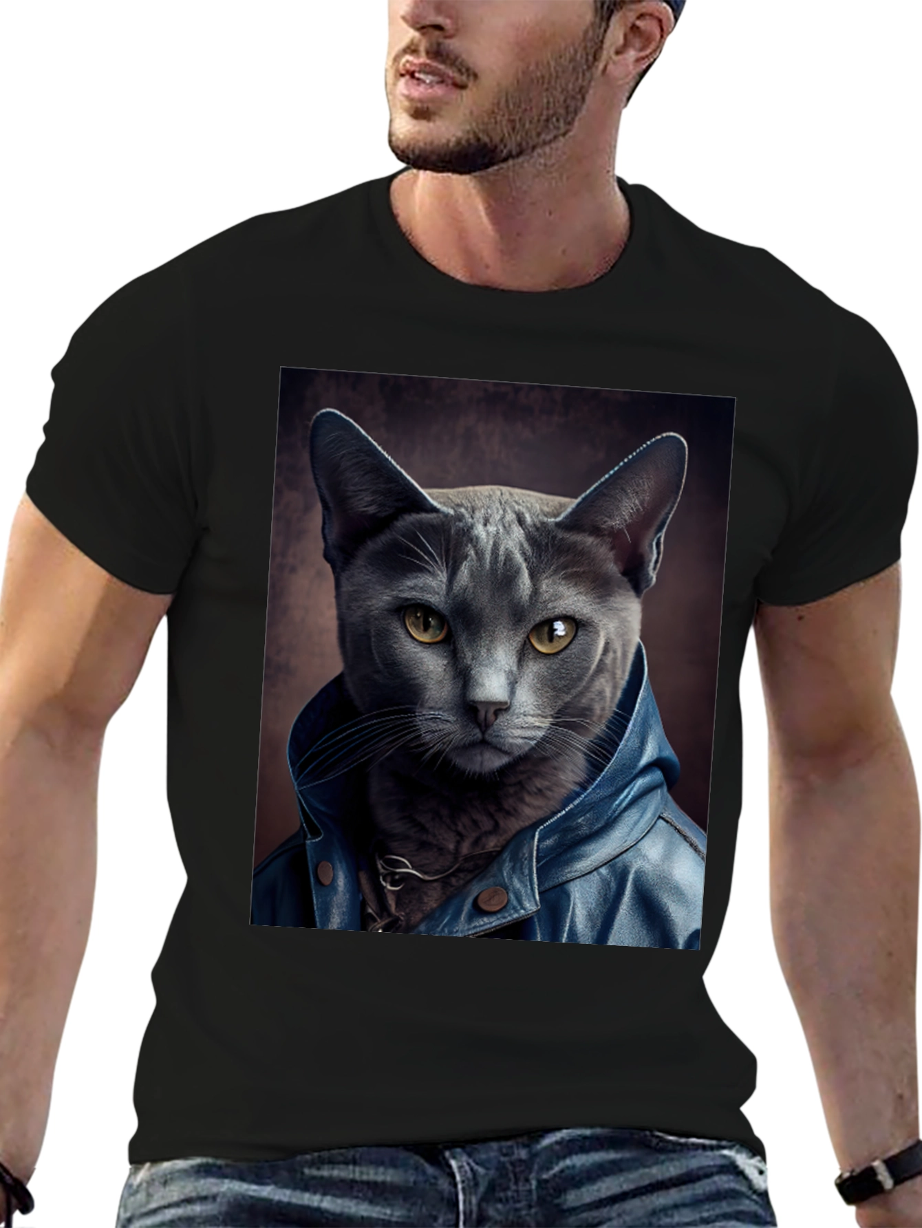 Black Cat in Leather Jacket Graphic Tee view 6
