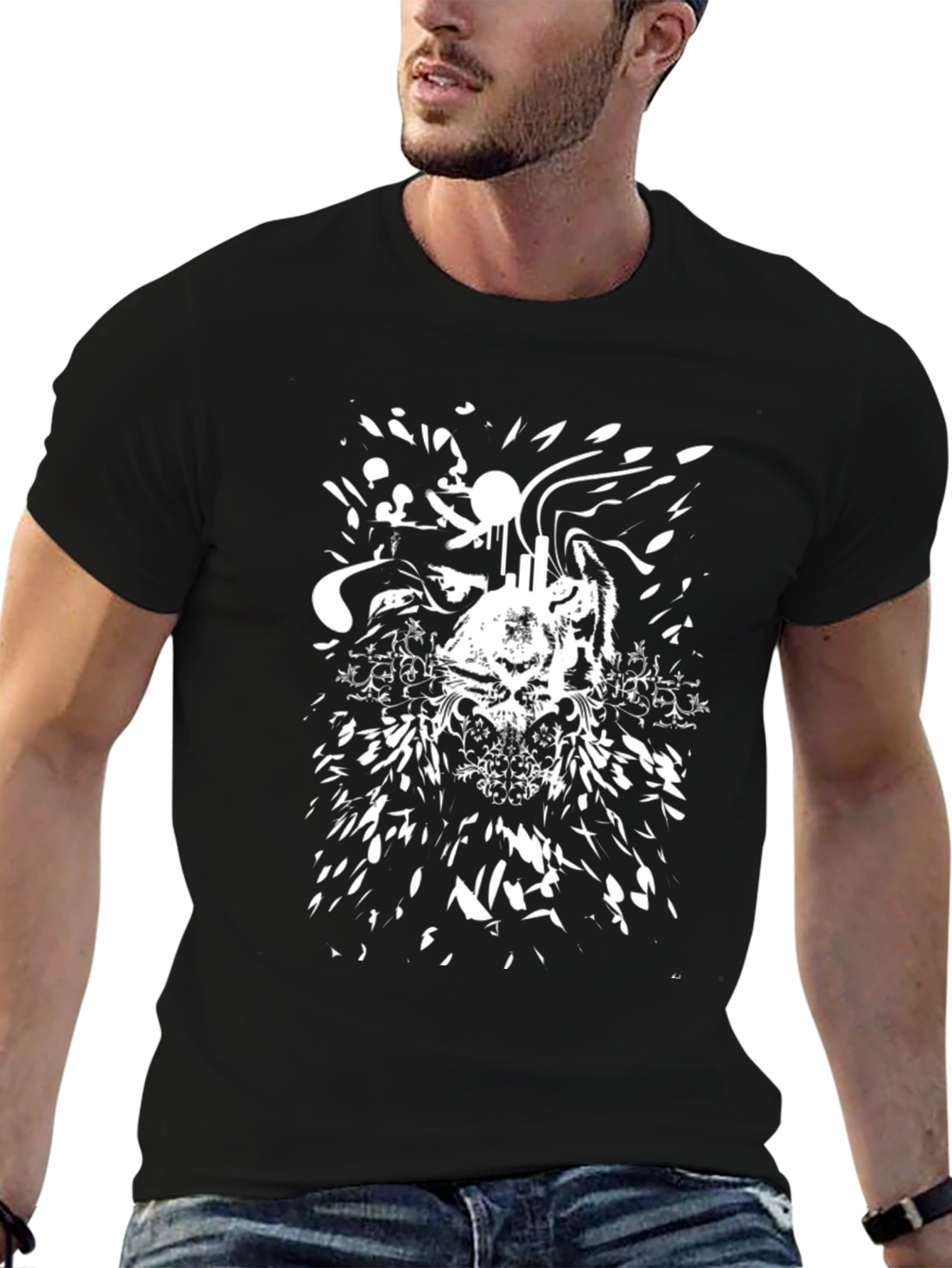 Black Edgy Black Graphic Tee - Skull & Abstract Design view 6