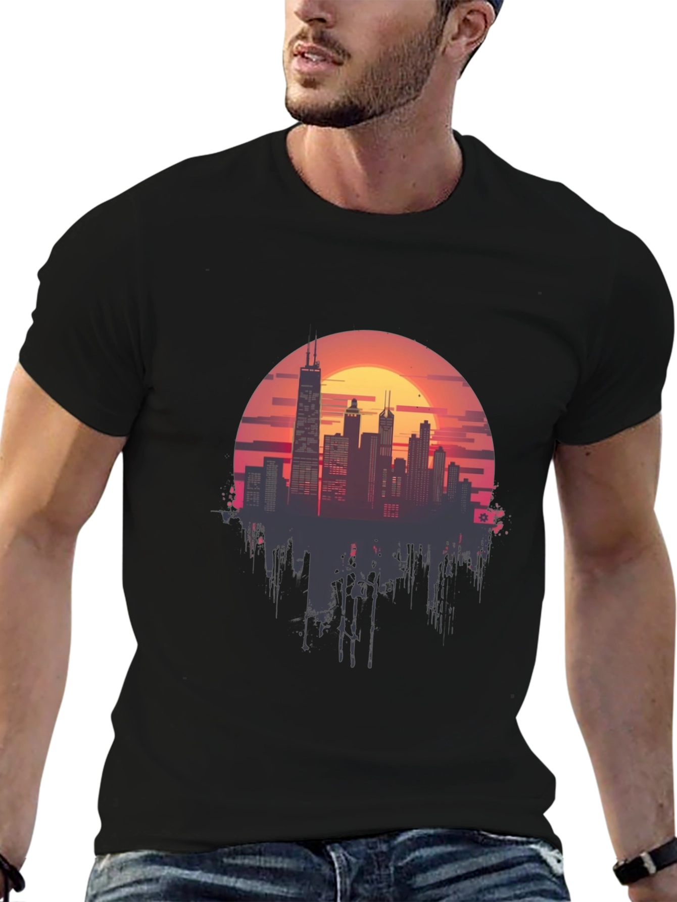 Black Sunset Cityscape Graphic Tee - Retro Style view 6