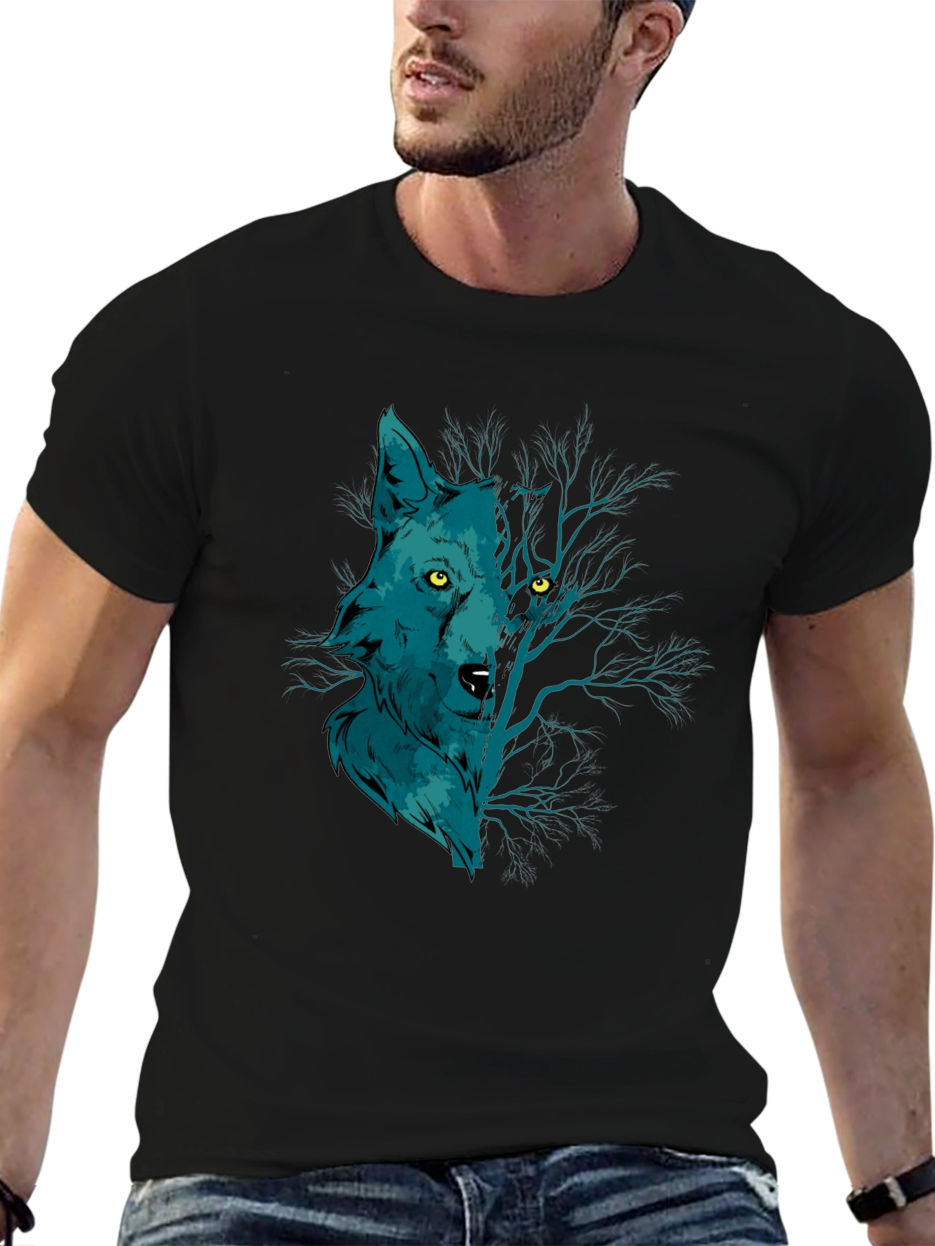 Black Wolf and Woods Graphic Tee - Black Cotton T-Shirt view 6
