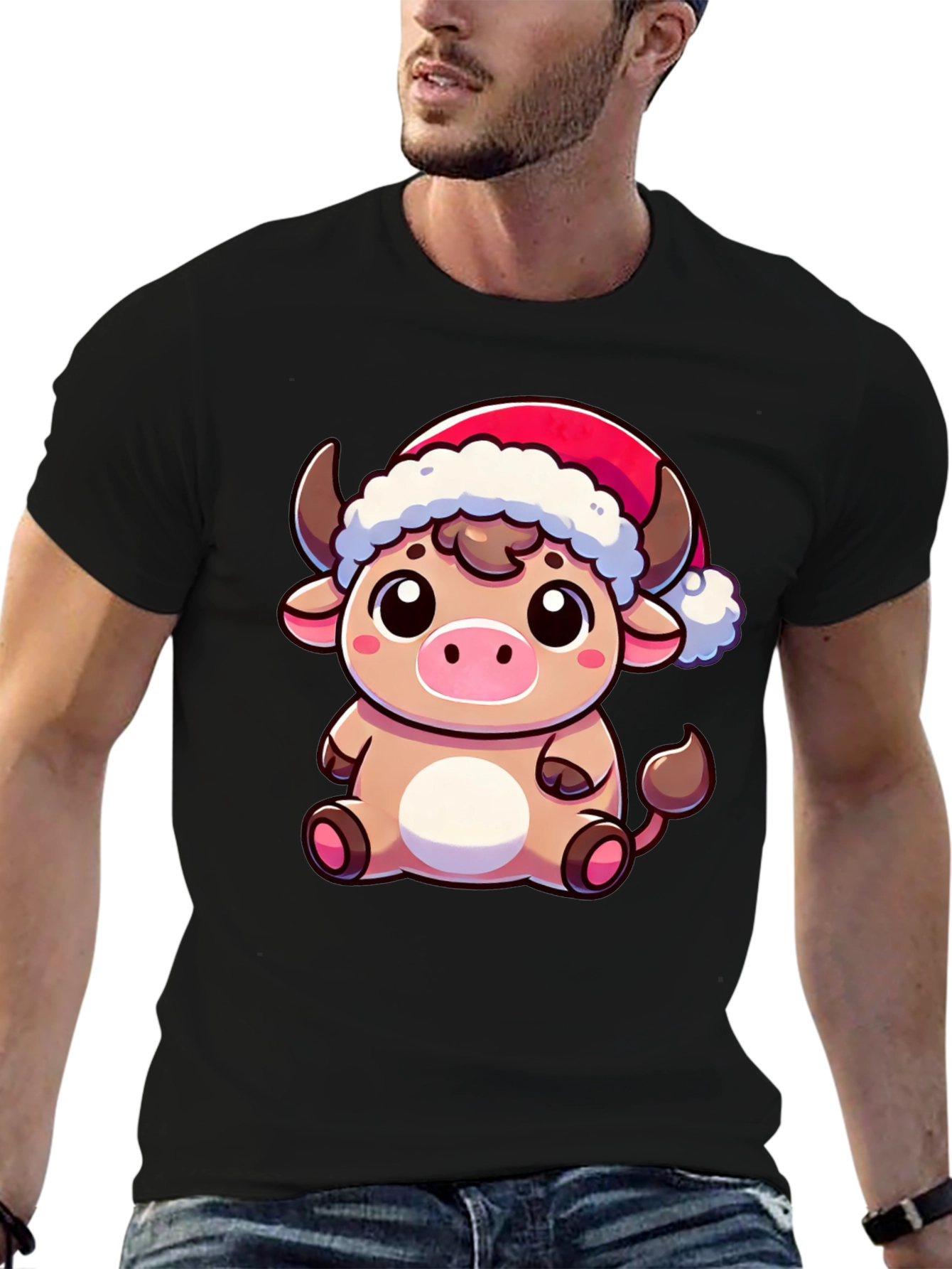 Black Festive Cow T-Shirt - Holiday Cartoon Bull Tee view 6