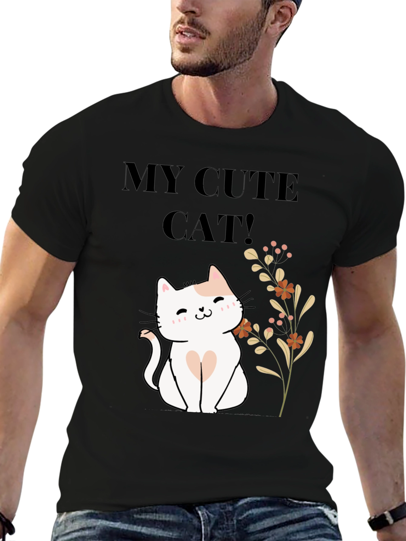 Black Cute Cat T-Shirt - Black Cotton Blend view 6